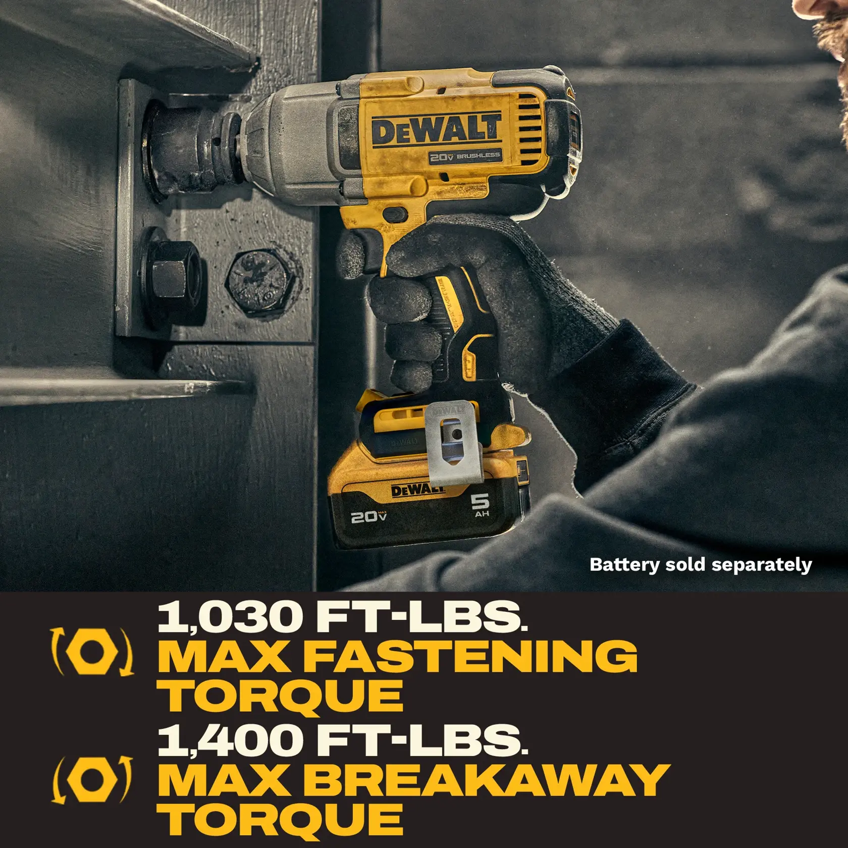 A DEWALT 20V cordless impact wrench (model DCF900B) being used to fasten a large bolt. The tool is highlighted for its maximum fastening torque of 1,030 ft-lbs and maximum breakaway torque of 1,400 ft-lbs. A note indicates that the battery is sold separately.