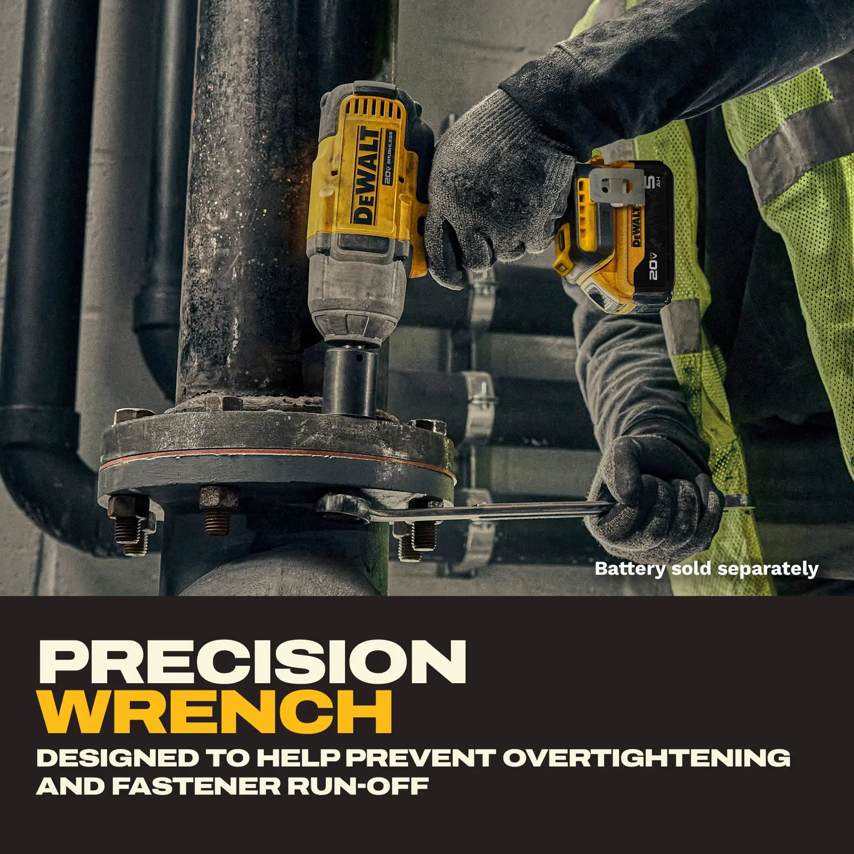 A worker wearing gloves and a safety vest uses a DEWALT DCF900B cordless impact wrench on industrial piping. The tool is described as a precision wrench designed to help prevent overtightening and fastener run-off. The battery is sold separately.