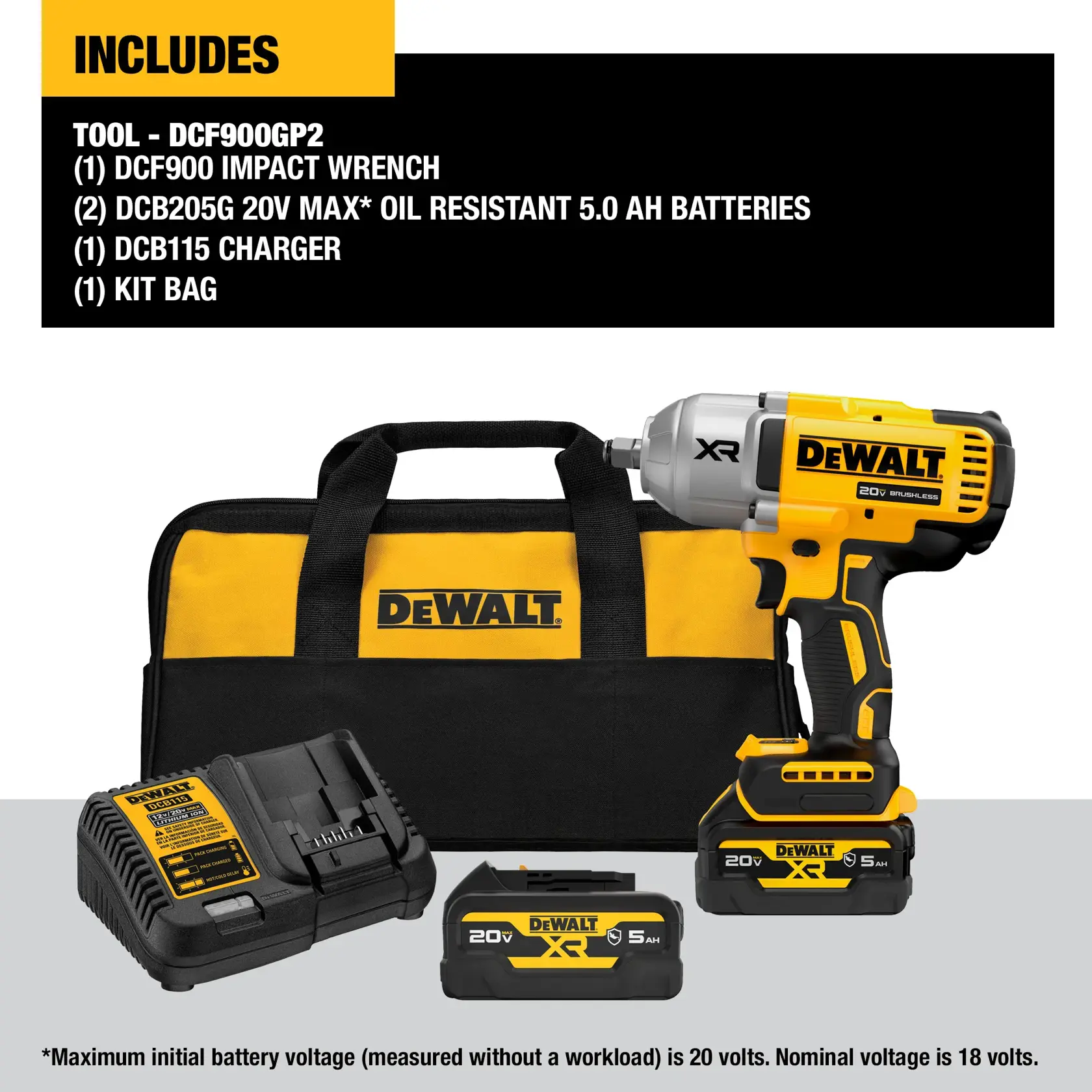 DEWALT DCF900GP2 impact wrench kit. The image shows a DEWALT impact wrench, two 20V MAX oil-resistant 5.0 Ah batteries, a DCB115 charger, and a black and yellow DEWALT kit bag. The product details indicate the inclusion of tool DCF900GP2, batteries, charger, and kit bag.