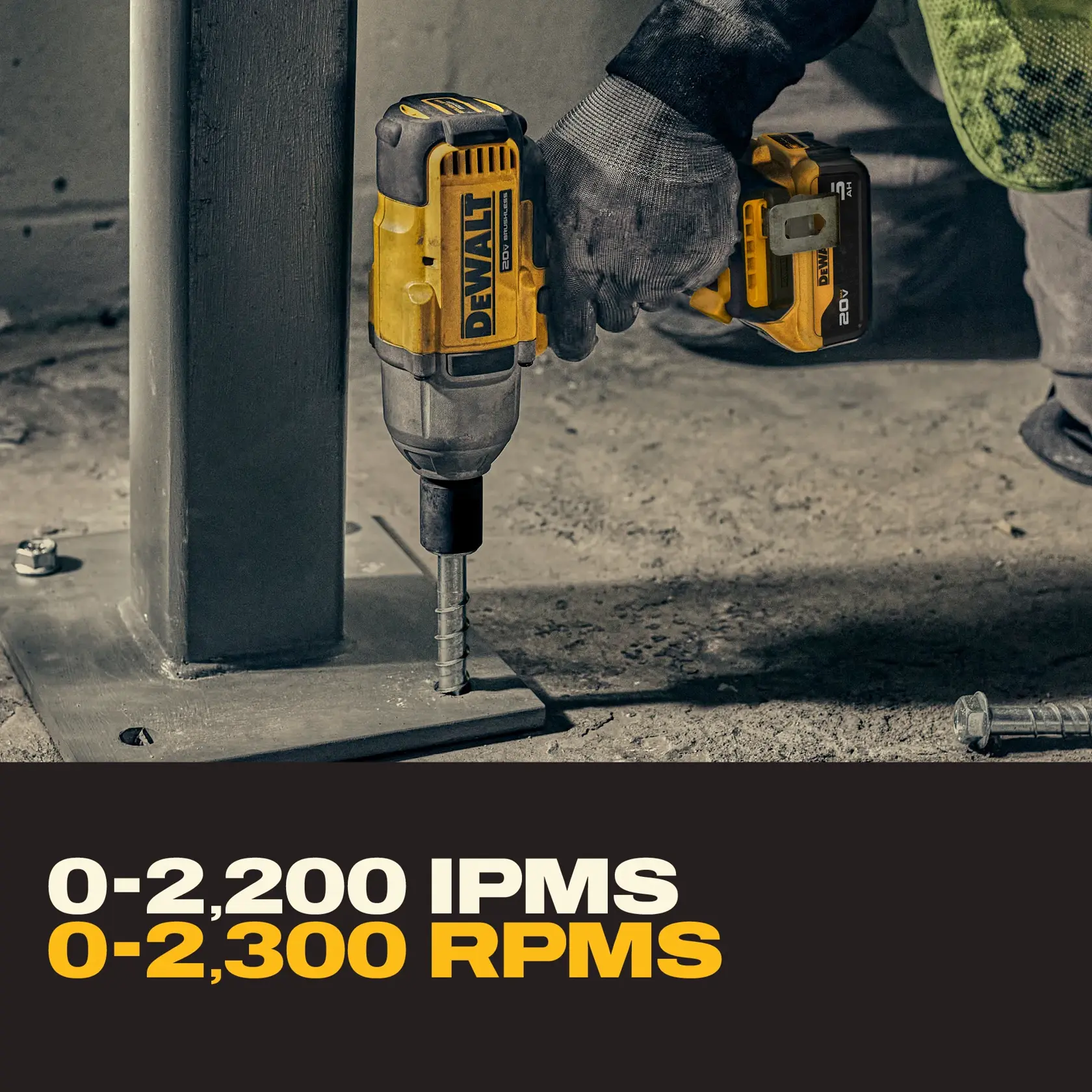 A person using a DEWALT DCF900P1 cordless impact wrench to fasten a bolt to a metal base plate. The tool features a yellow and black design and is being operated on a construction site. Text on the image highlights performance specs: 0-2,200 IPMS and 0-2,300 RPMS.