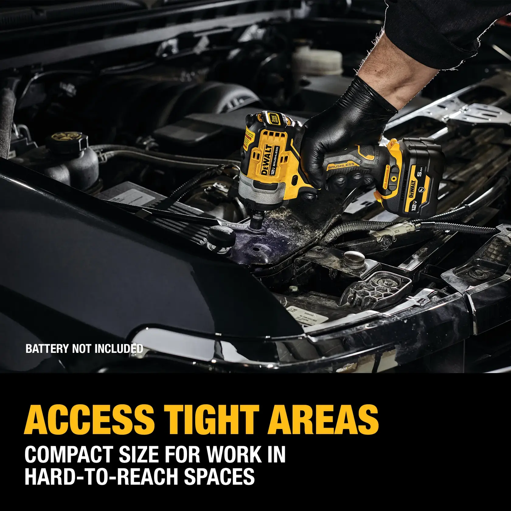 A DEWALT DCF901B cordless impact wrench is being used by a gloved hand inside a car engine compartment. Text on the image reads 'Access Tight Areas, Compact size for work in hard-to-reach spaces.' Battery not included.