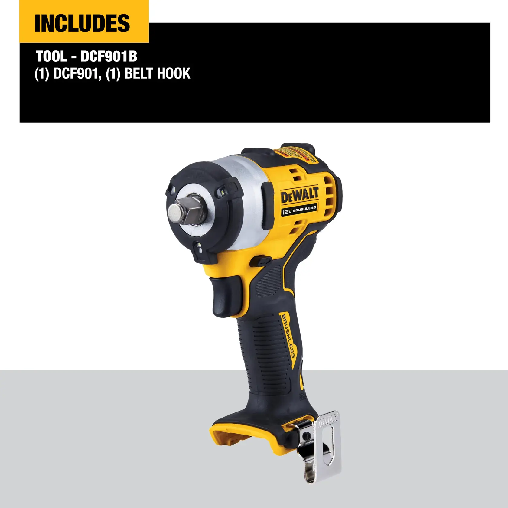 DEWALT DCF901B cordless impact wrench tool shown with a belt hook attached. The image includes a label indicating that the package includes one DCF901 tool and one belt hook.