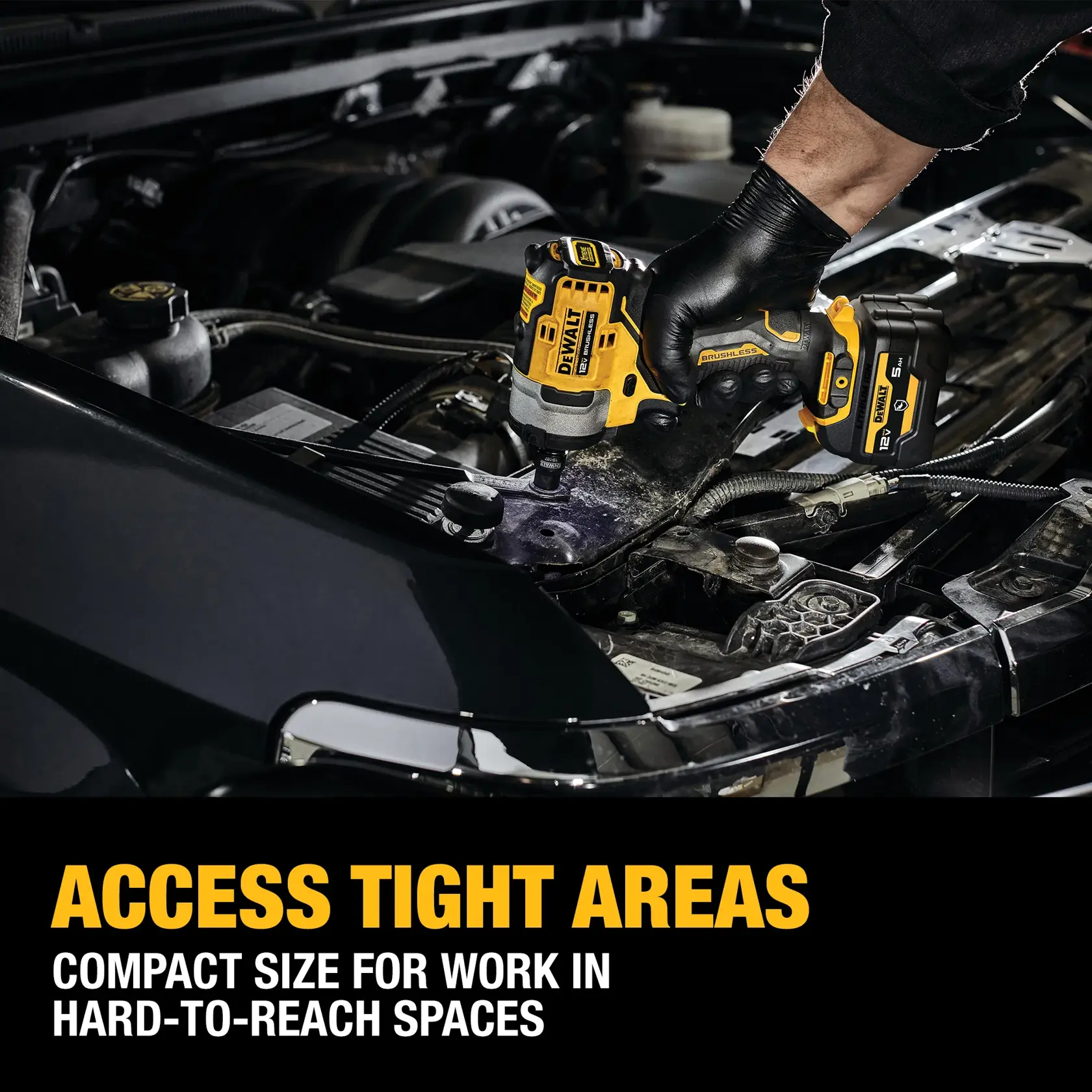 A DEWALT cordless tool is being used by a gloved hand to work inside a car engine bay, demonstrating its compact size for accessing tight and hard-to-reach areas. Text on the image highlights the tool's ability to access tight areas and its suitability for work in confined spaces.