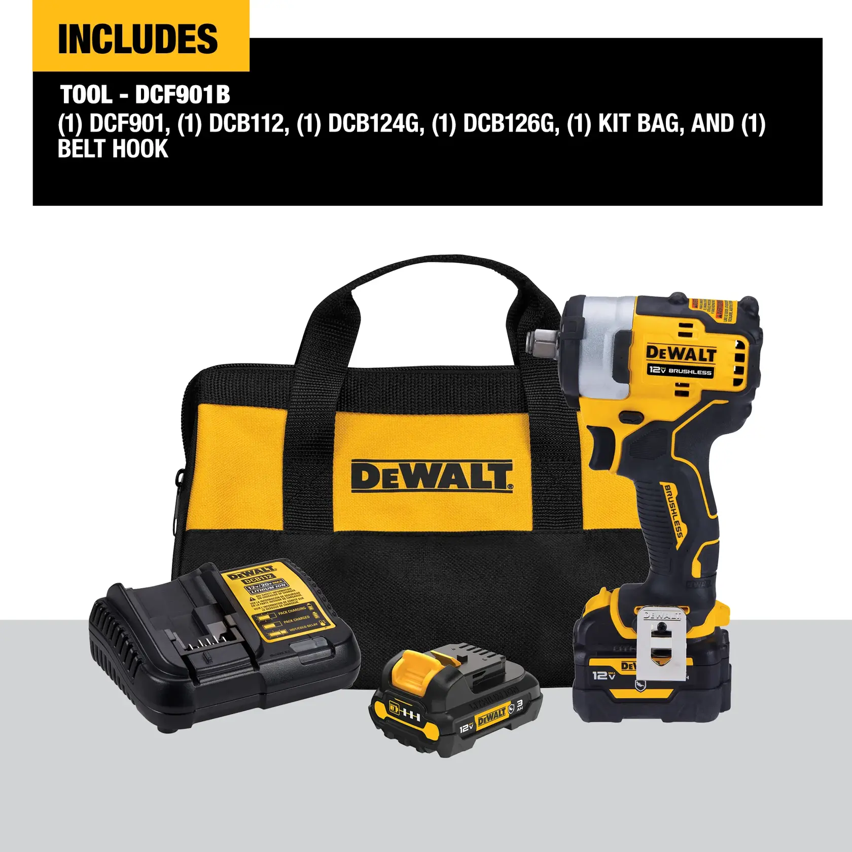 DEWALT tool kit includes a cordless 12V impact wrench, battery charger, two batteries, belt hook, and a branded carrying bag. All items are black and yellow with the DEWALT logo.