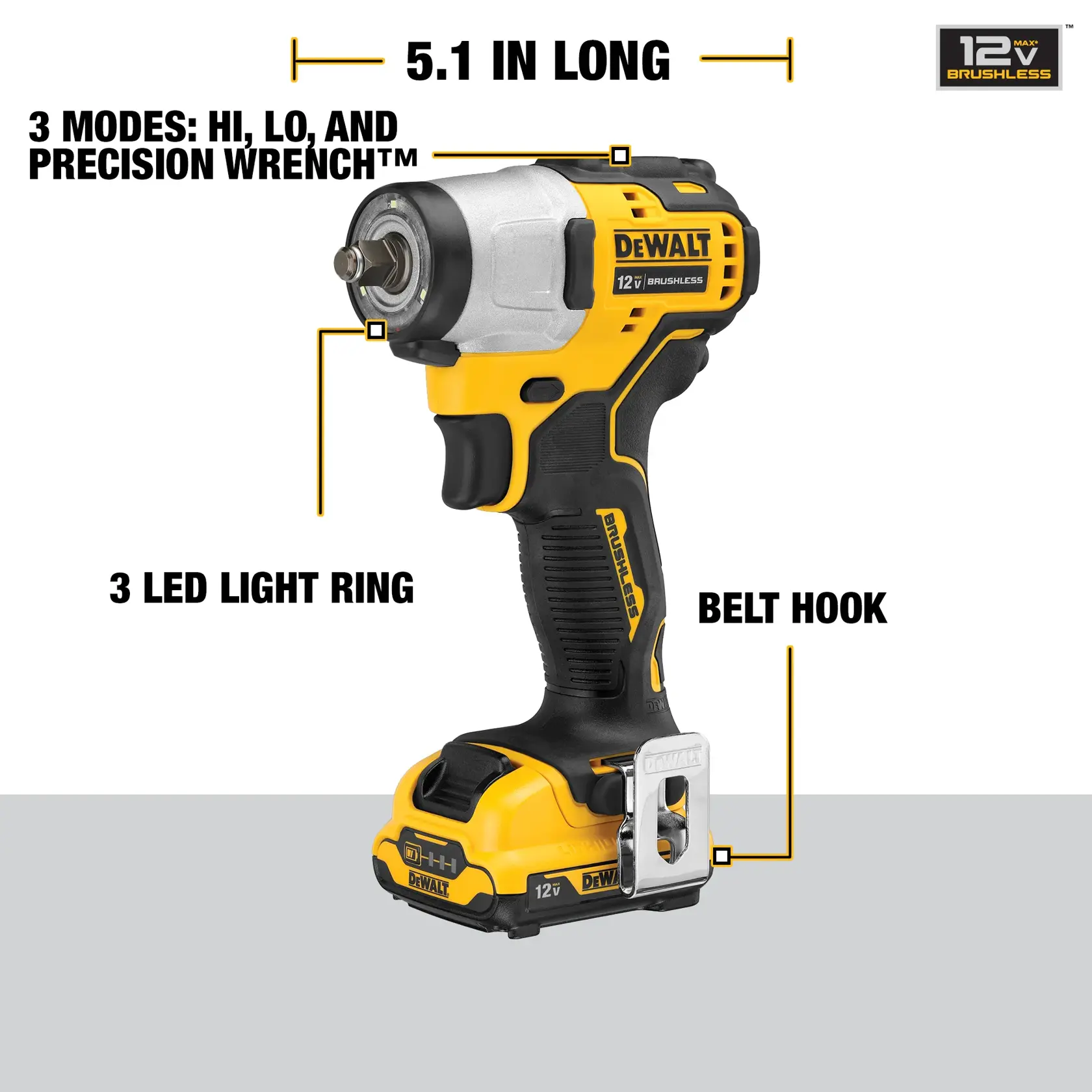 A DEWALT 12V MAX brushless impact driver, model DCF902F2. The tool is yellow and black, featuring a 5.1-inch length, a metal belt hook, a 3 LED light ring near the drill head, and three selectable modes: Hi, Lo, and Precision Wrench. The DEWALT branding and product details are visible.