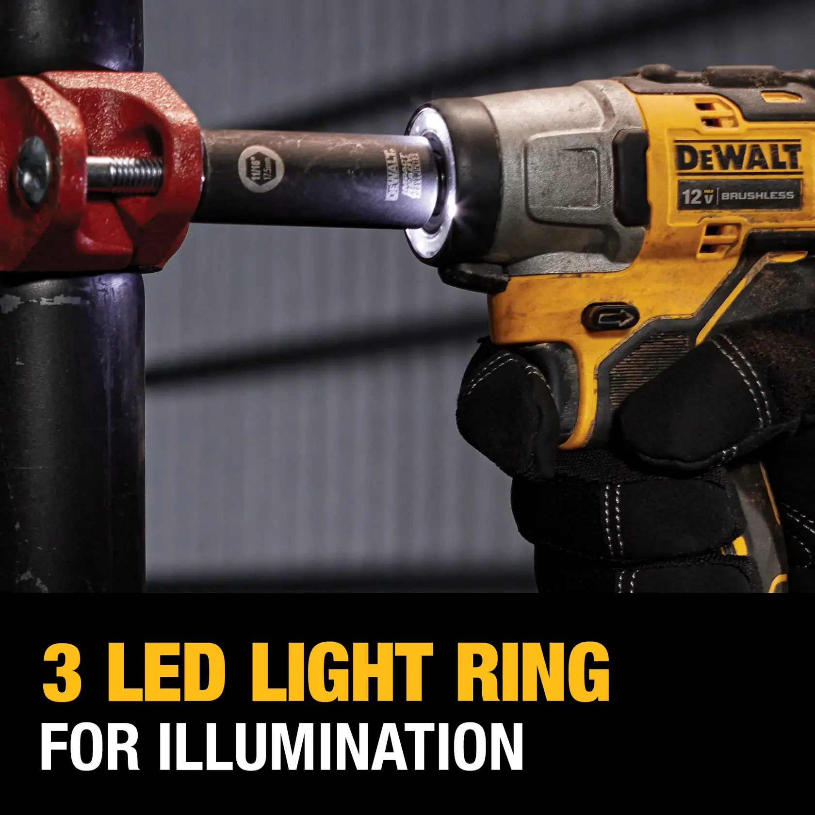 A close-up of a DEWALT 12V brushless cordless impact driver being used with a socket, featuring a bright three LED light ring for illumination. The tool is held by a gloved hand and the scene highlights its lighting feature. Promotional text below reads '3 LED LIGHT RING FOR ILLUMINATION.'