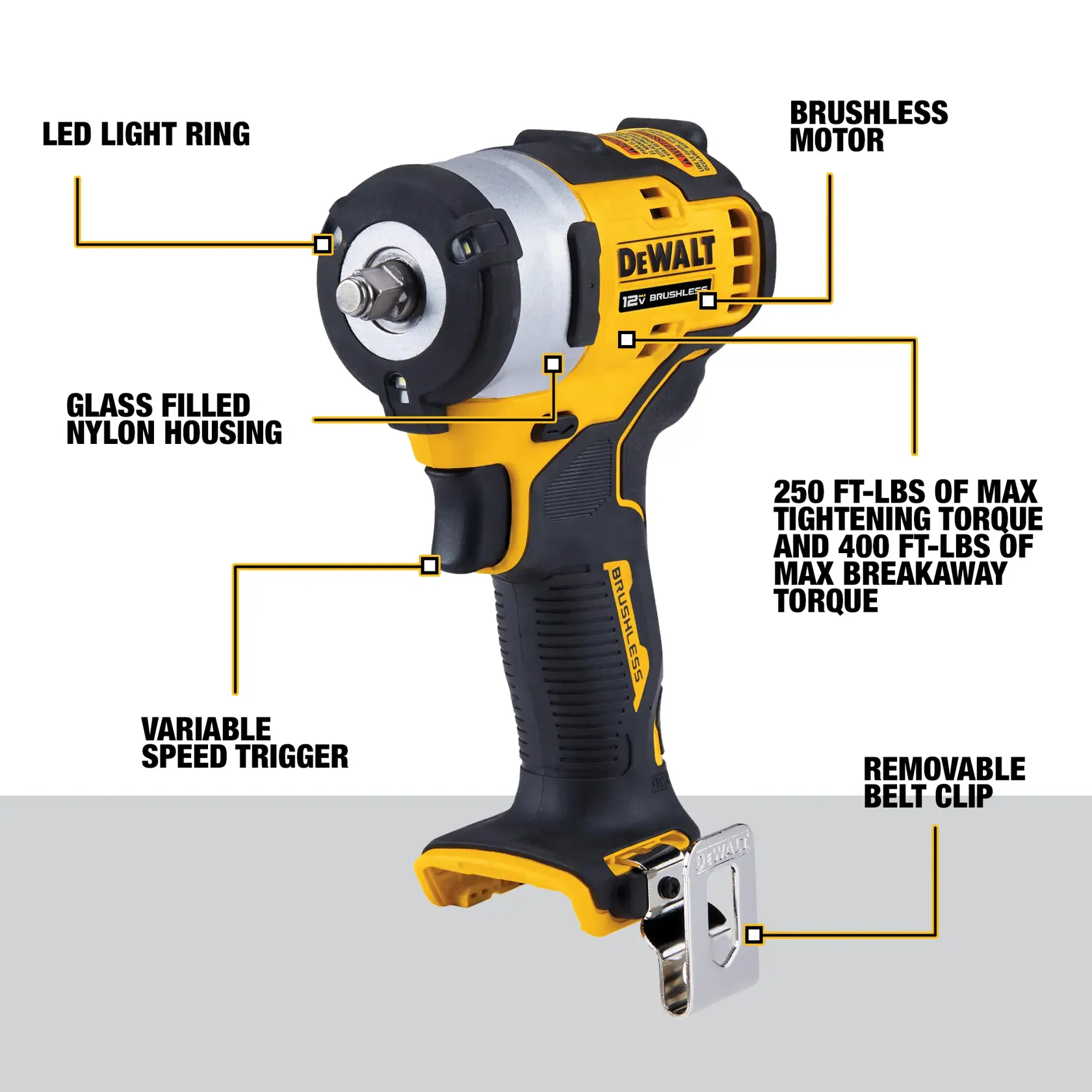 Graphic of a DEWALT DCF903B cordless impact wrench, highlighting features including a brushless motor, LED light ring, glass-filled nylon housing, variable speed trigger, removable belt clip, and specifications of 250 ft-lbs max tightening torque and 400 ft-lbs max breakaway torque.
