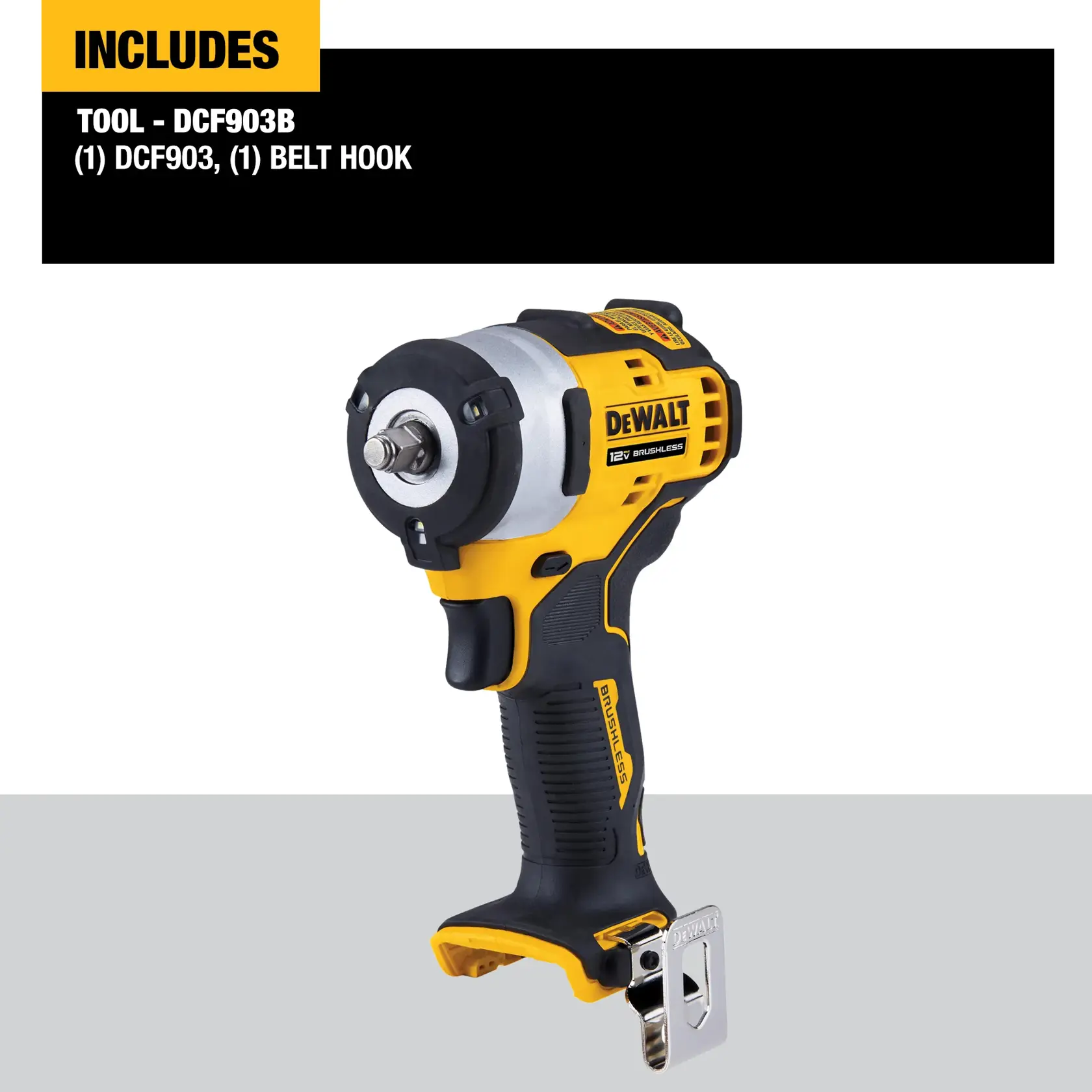 DEWALT DCF903B 12V brushless impact wrench, shown with a belt hook attachment. The image includes a description stating that the package contains one DCF903 tool and one belt hook.