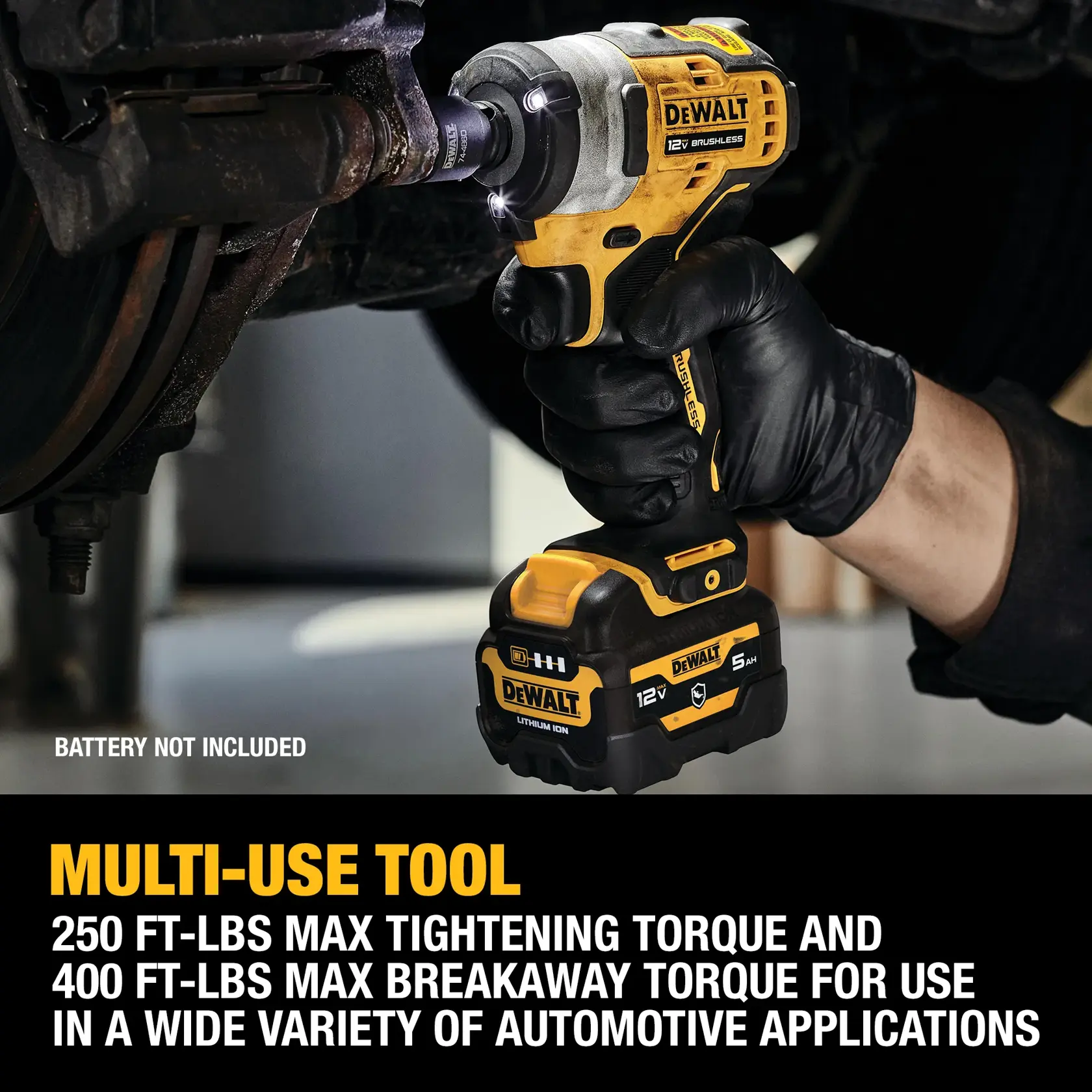 A person wearing black gloves uses a DEWALT 12V brushless impact wrench to work on an automotive part. The tool is shown with a DEWALT lithium-ion battery (battery not included), and text highlights its multi-use capability, with maximum tightening torque of 250 ft-lbs and breakaway torque of 400 ft-lbs for a variety of automotive applications.