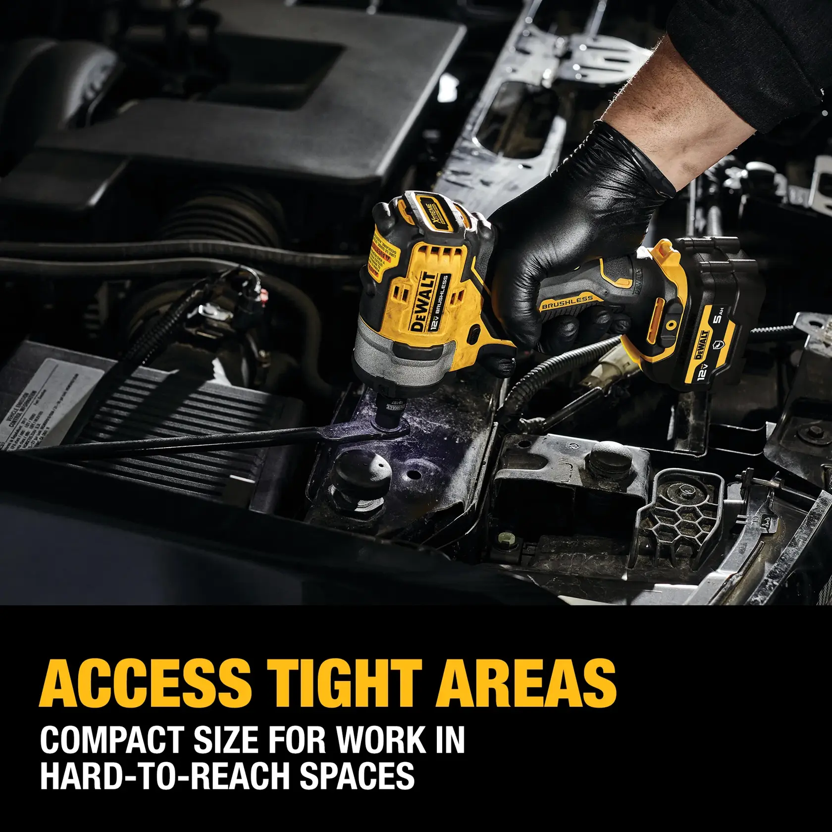 A person wearing black gloves uses a yellow and black DEWALT cordless impact wrench (model DCF903GJ1G1) to work on a car engine in a tight space. The image highlights the tool's compact size for access in hard-to-reach areas. Text reads: "ACCESS TIGHT AREAS. Compact size for work in hard-to-reach spaces."