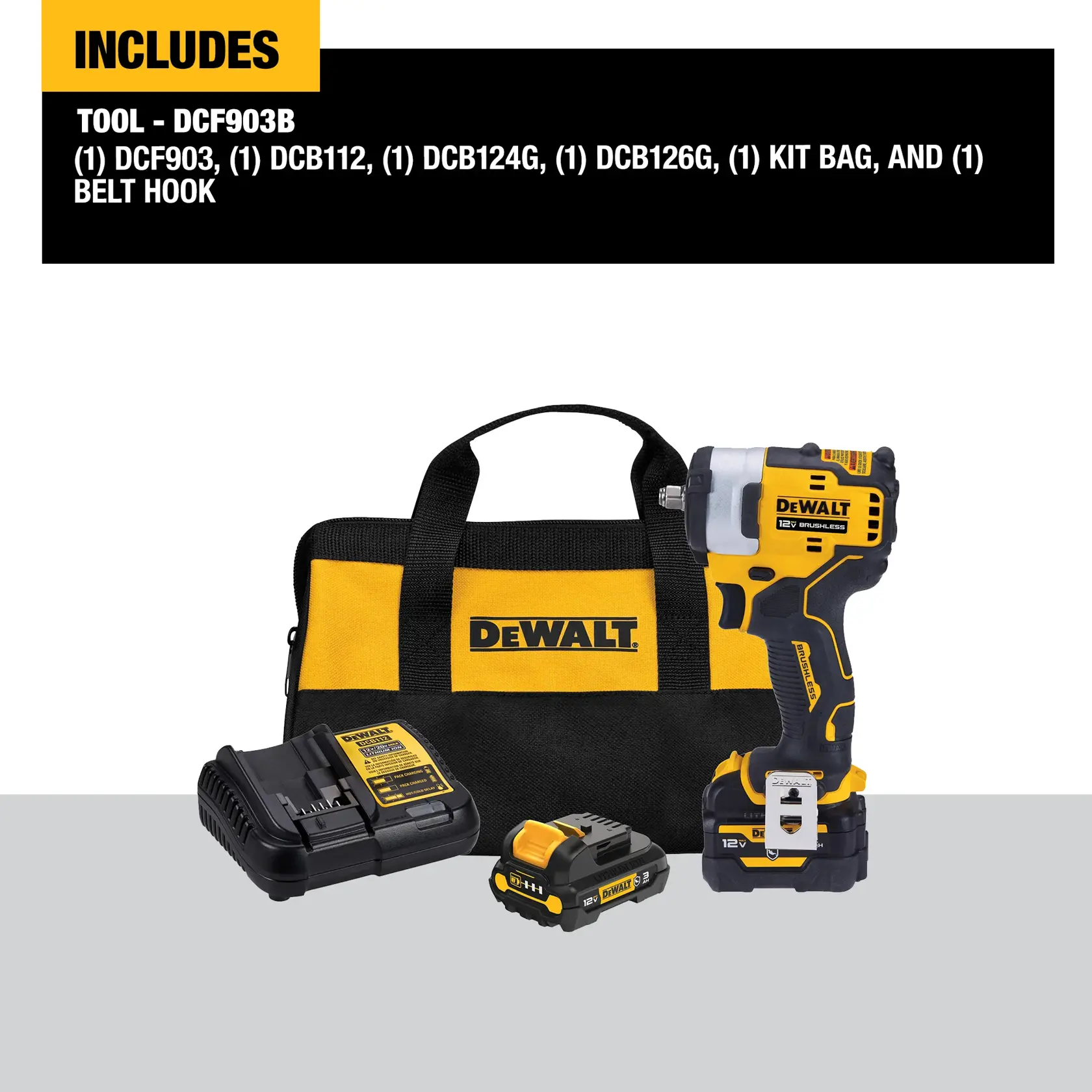 DEWALT DCF903B cordless impact wrench kit shown with a yellow and black tool bag, battery charger, two batteries, and belt hook. The items are arranged in front of the kit bag, with the DEWALT logo prominently displayed.