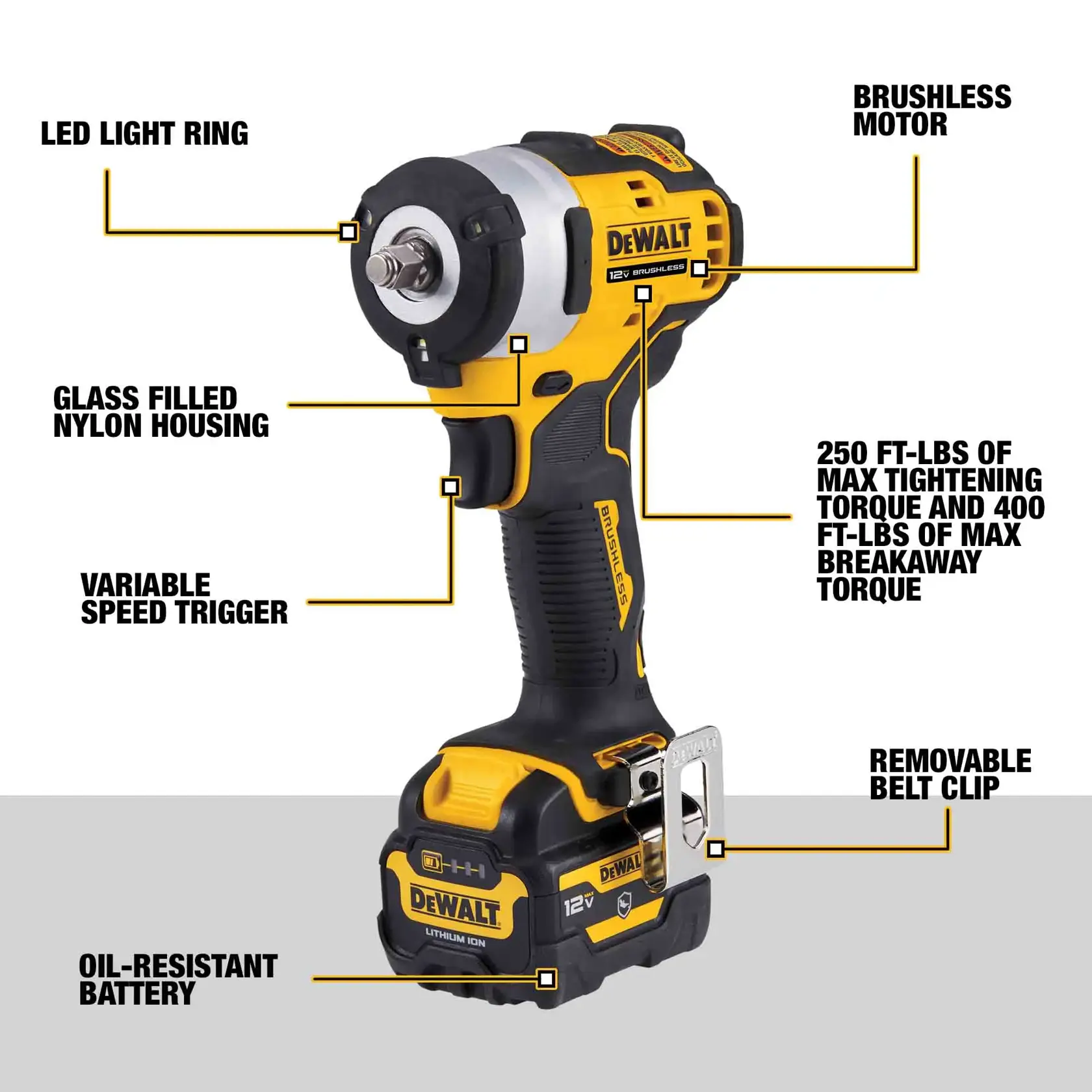 A DEWALT 12V cordless impact wrench (model DCF903GJ1G1) is shown, with labeled features including: LED light ring near the chuck, brushless motor, glass filled nylon housing on the body, variable speed trigger on the handle, oil-resistant battery at the base, removable belt clip, and specifications that include 250 ft-lbs of maximum tightening torque and 400 ft-lbs of maximum breakaway torque.