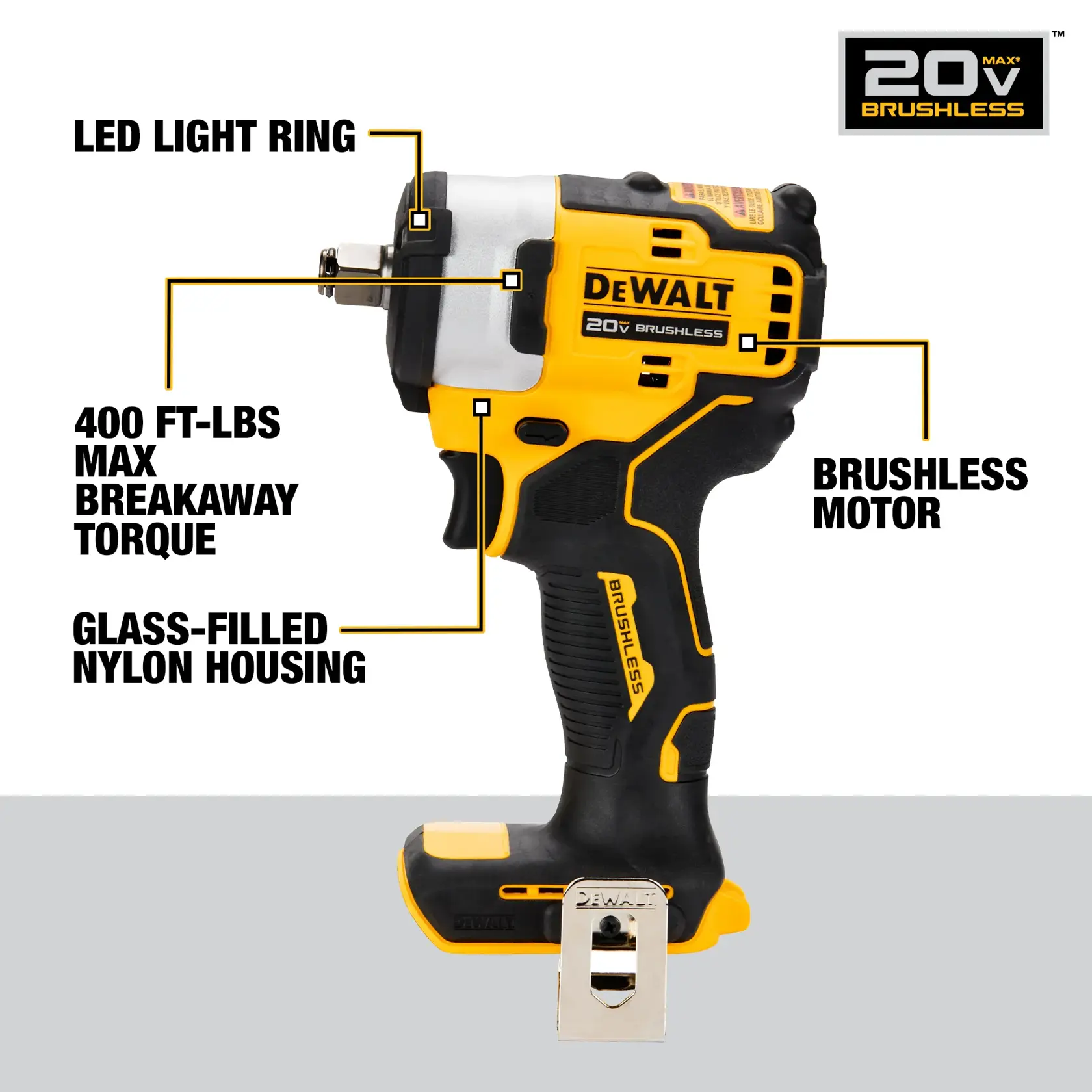 Image of a DEWALT 20V brushless impact wrench, highlighting key features such as an LED light ring, brushless motor, 400 ft-lbs max breakaway torque, and glass-filled nylon housing.