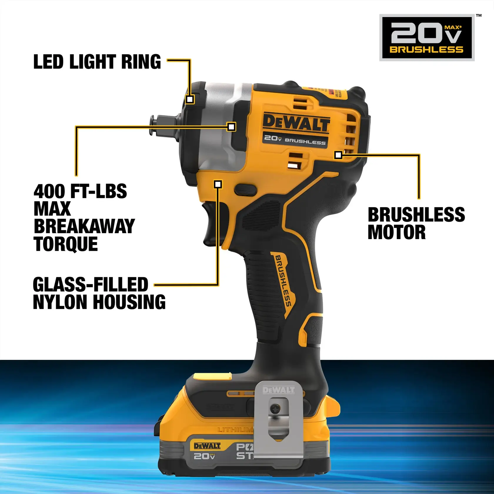 Side view of a DEWALT 20V Max Brushless impact wrench. Key features labeled include an LED light ring, 400 ft-lbs max breakaway torque, glass-filled nylon housing, and a brushless motor. The tool is yellow and black with a lithium-ion battery attached.