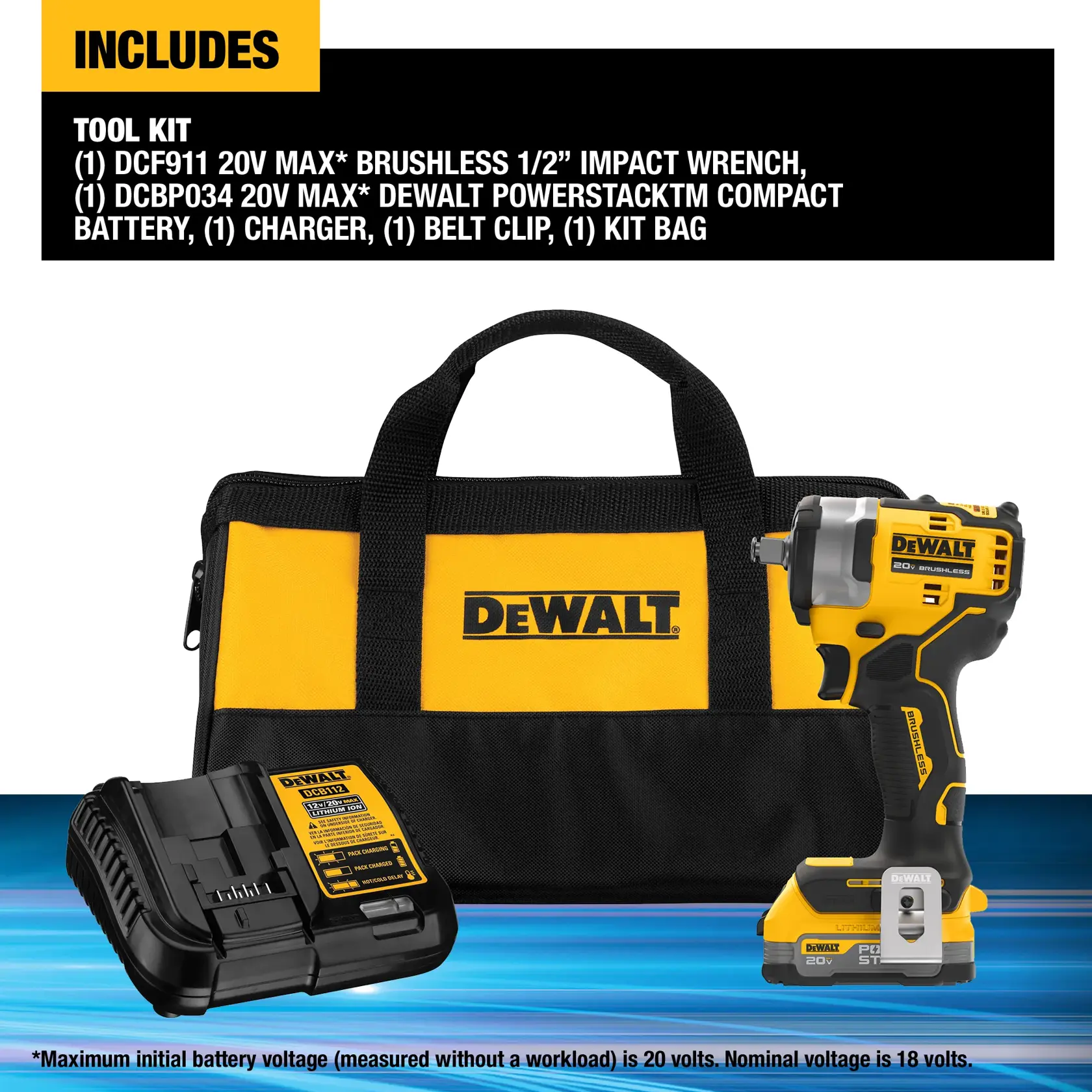 DEWALT tool kit including a 20V MAX brushless 1/2 inch impact wrench, a 20V MAX Powerstack compact battery, a charger, a belt clip, and a kit bag. The items are shown with the DEWALT brand logo visible on the bag and impact wrench.