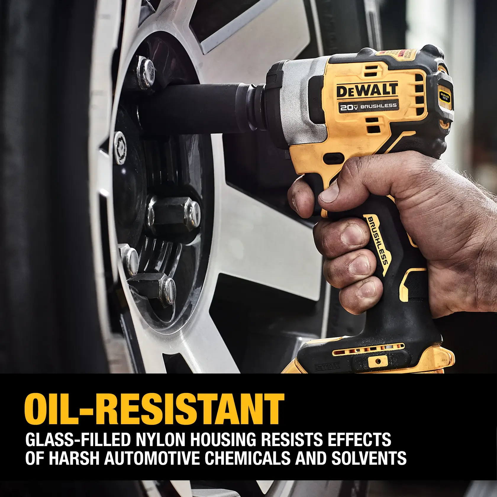 A person uses a DEWALT 20V brushless impact wrench on an automotive wheel. The text highlights the tool's oil-resistant glass-filled nylon housing, which resists the effects of harsh automotive chemicals and solvents.