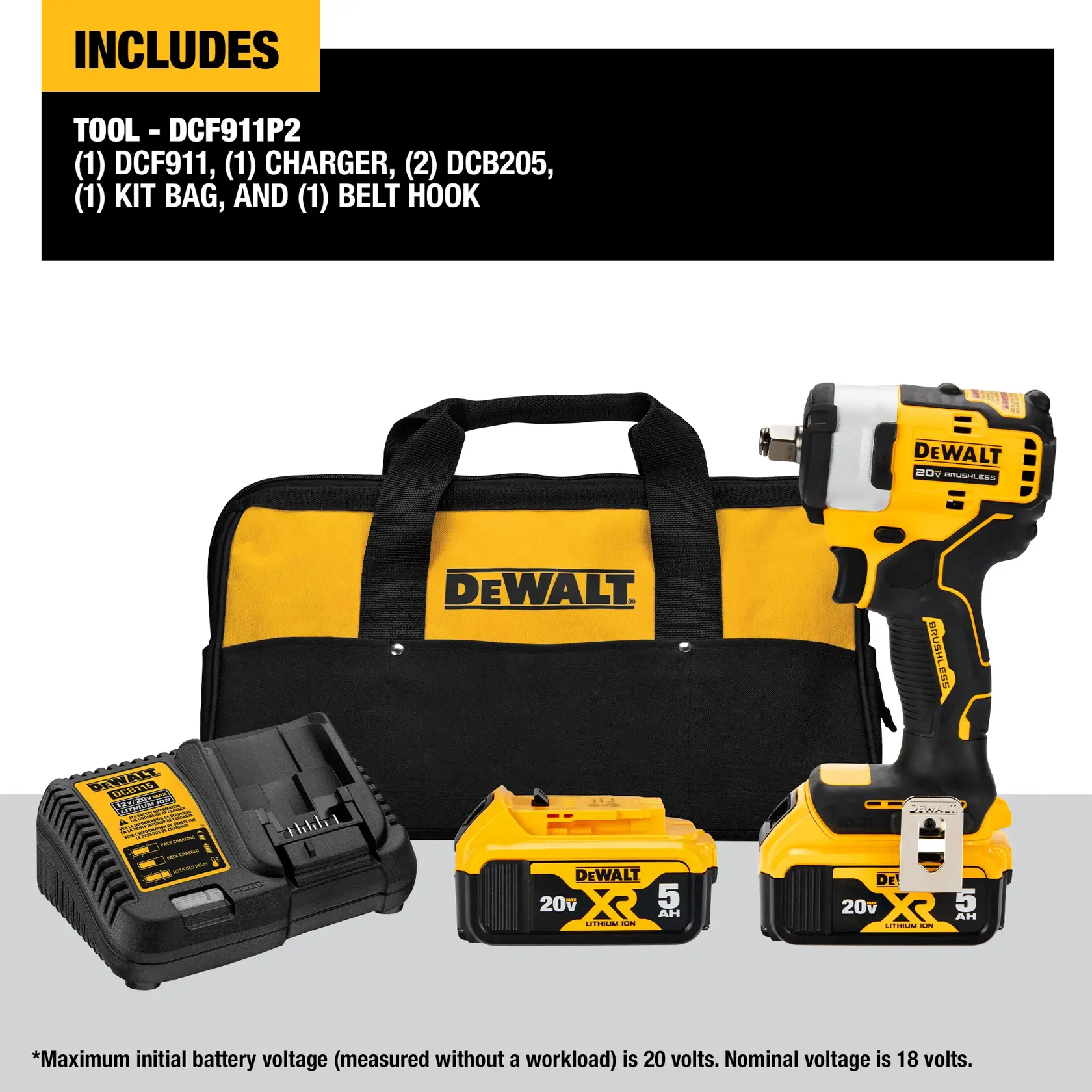 Image showing the DEWALT DCF911P2 tool kit, which includes a DEWALT impact wrench (DCF911), a charger, two 20V XR lithium-ion batteries (DCB205), a yellow and black DEWALT kit bag, and a belt hook. The product description and voltage information are shown at the top and bottom.