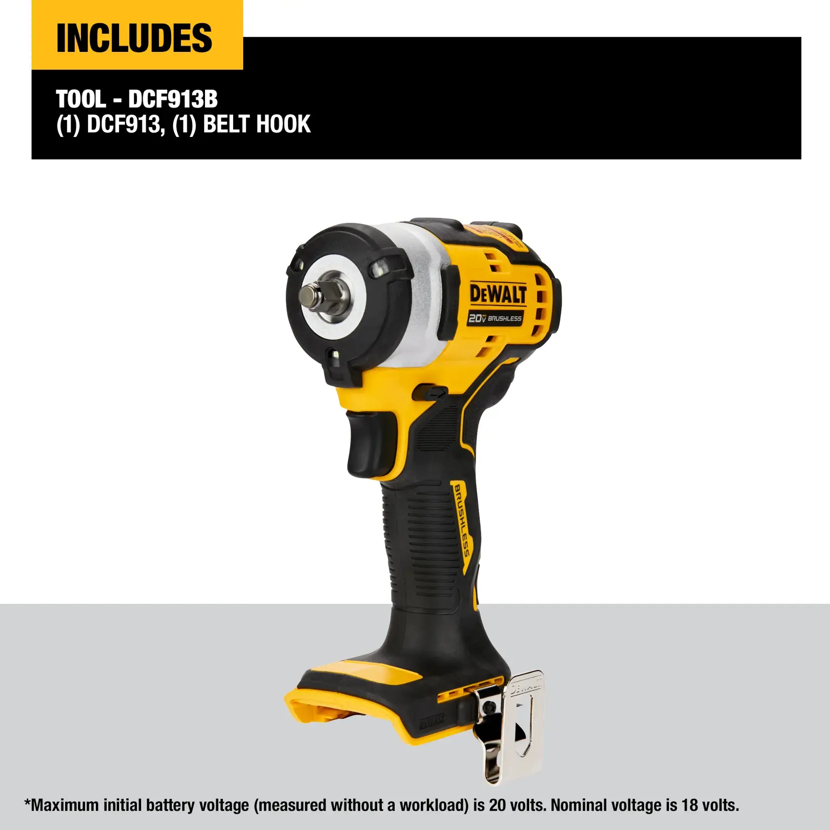 DEWALT DCF913B 20V cordless impact wrench tool with brushless motor and a belt hook, shown without battery. Product details include model number and voltage information.