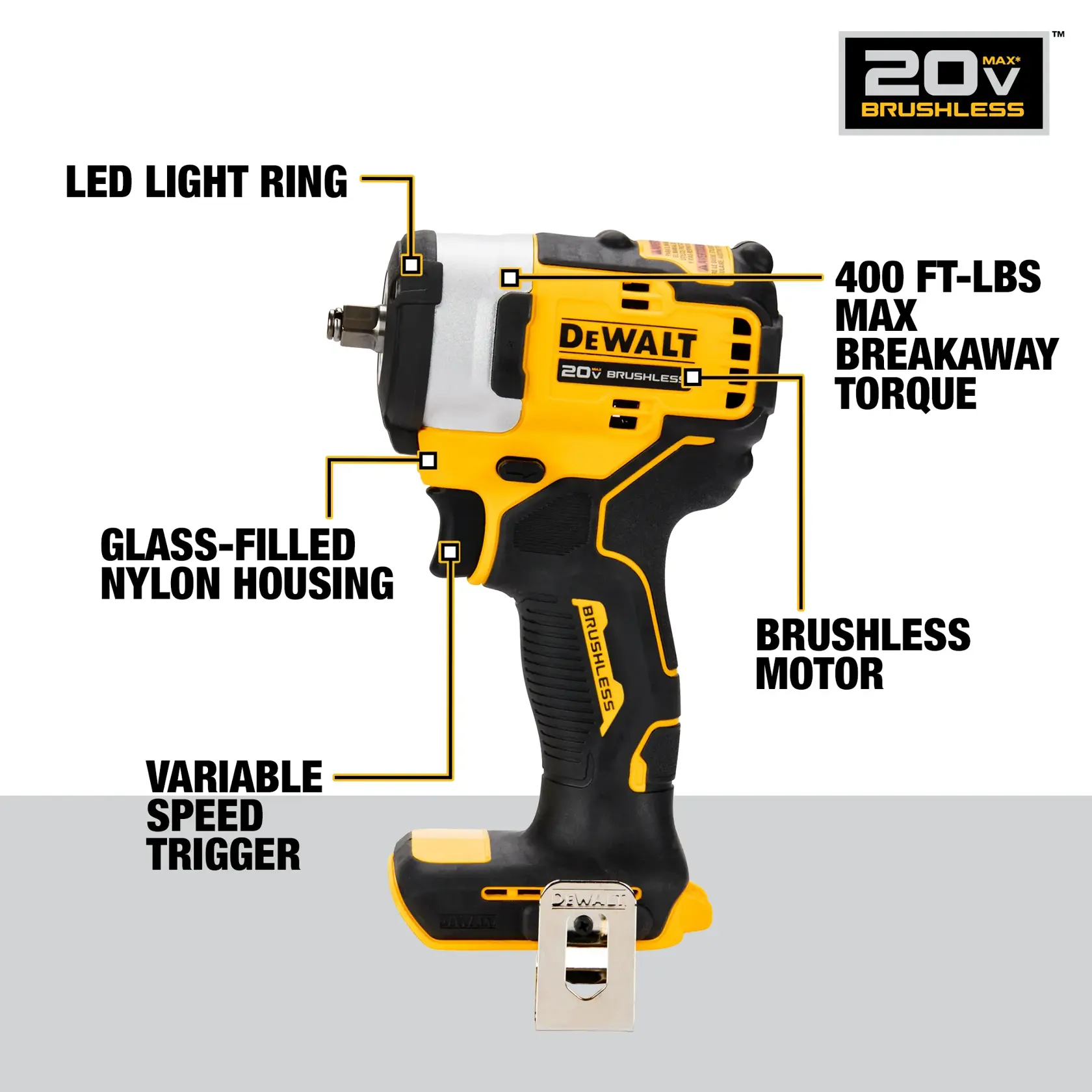 Image of a DEWALT 20V Max Brushless impact wrench. The product is yellow and black with labeled features: LED light ring, glass-filled nylon housing, variable speed trigger, brushless motor, and 400 ft-lbs max breakaway torque.