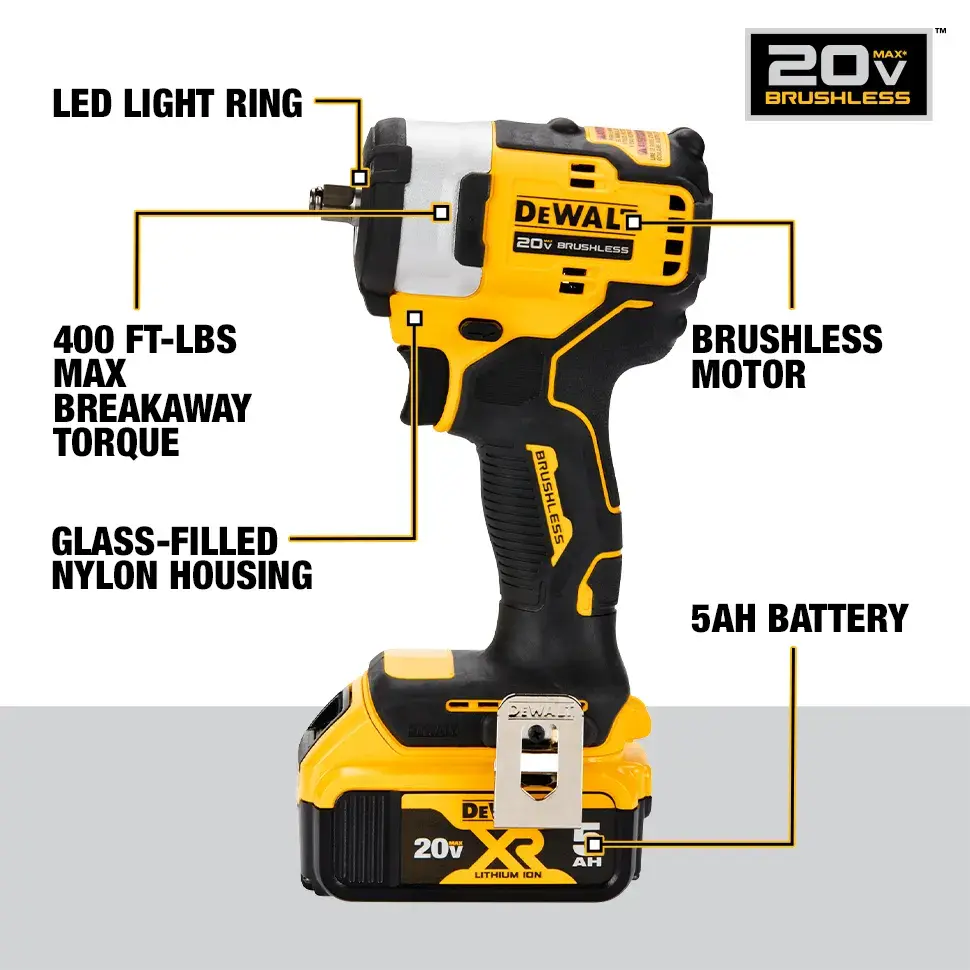 DEWALT DCF913P2 cordless impact wrench with labeled features including LED light ring, 400 ft-lbs max breakaway torque, glass-filled nylon housing, brushless motor, and 5Ah battery.