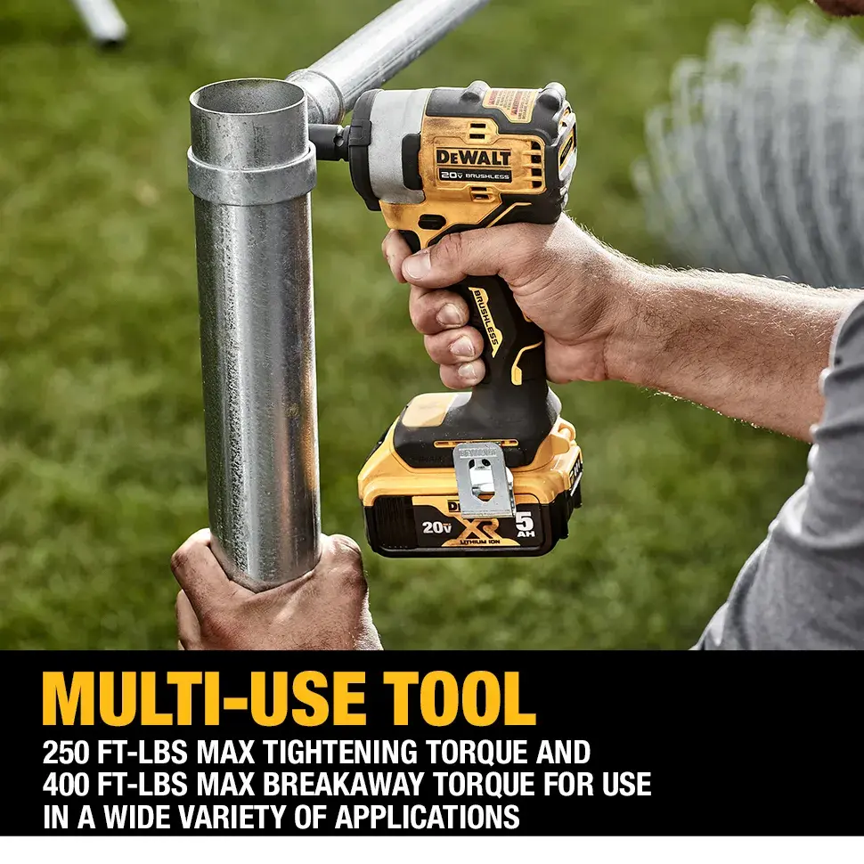 A person is using a DEWALT cordless impact wrench to tighten a metal pipe outdoors. The text on the image reads: 'MULTI-USE TOOL. 250 FT-LBS MAX TIGHTENING TORQUE AND 400 FT-LBS MAX BREAKAWAY TORQUE FOR USE IN A WIDE VARIETY OF APPLICATIONS.'