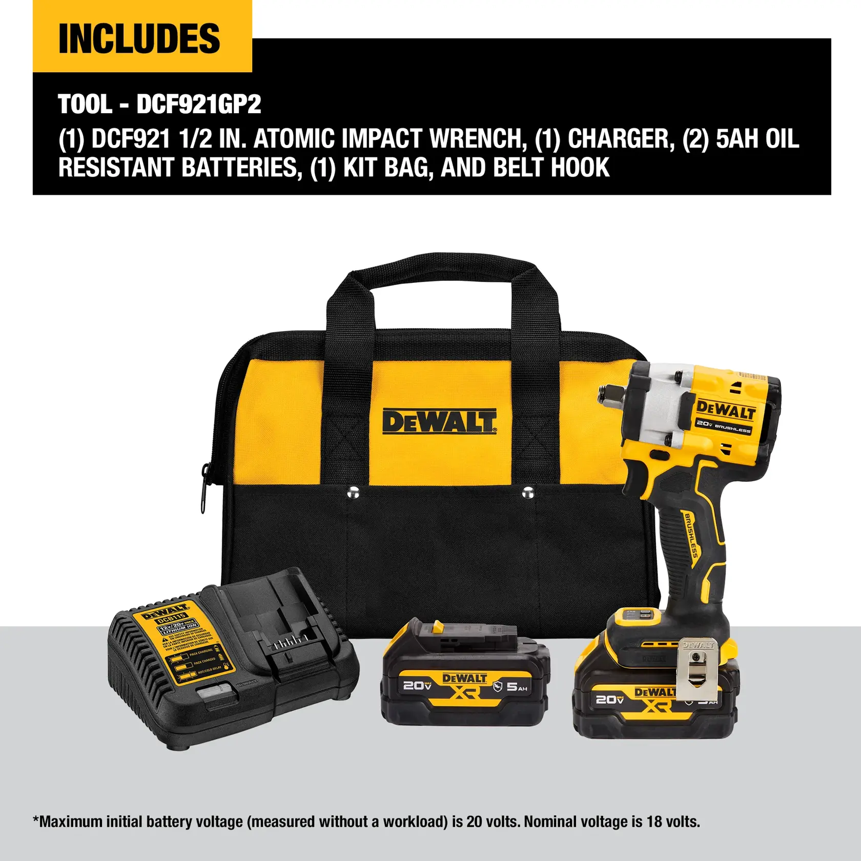 DEWALT DCF921GP2 tool kit including a 1/2-inch atomic impact wrench, a charger, two 5Ah oil-resistant batteries, a yellow and black DEWALT carrying bag, and a belt hook. The items are displayed together.