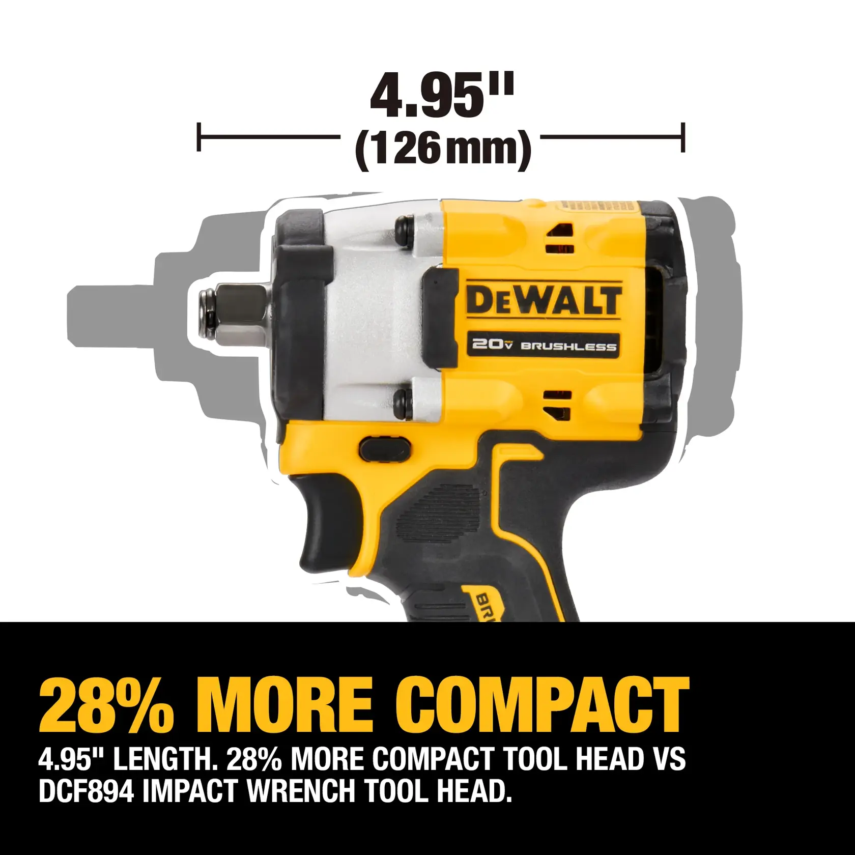 Image of a DEWALT 20V brushless impact wrench showing its tool head length of 4.95 inches (126mm). The graphic highlights that it is 28% more compact compared to the DCF894 impact wrench tool head.