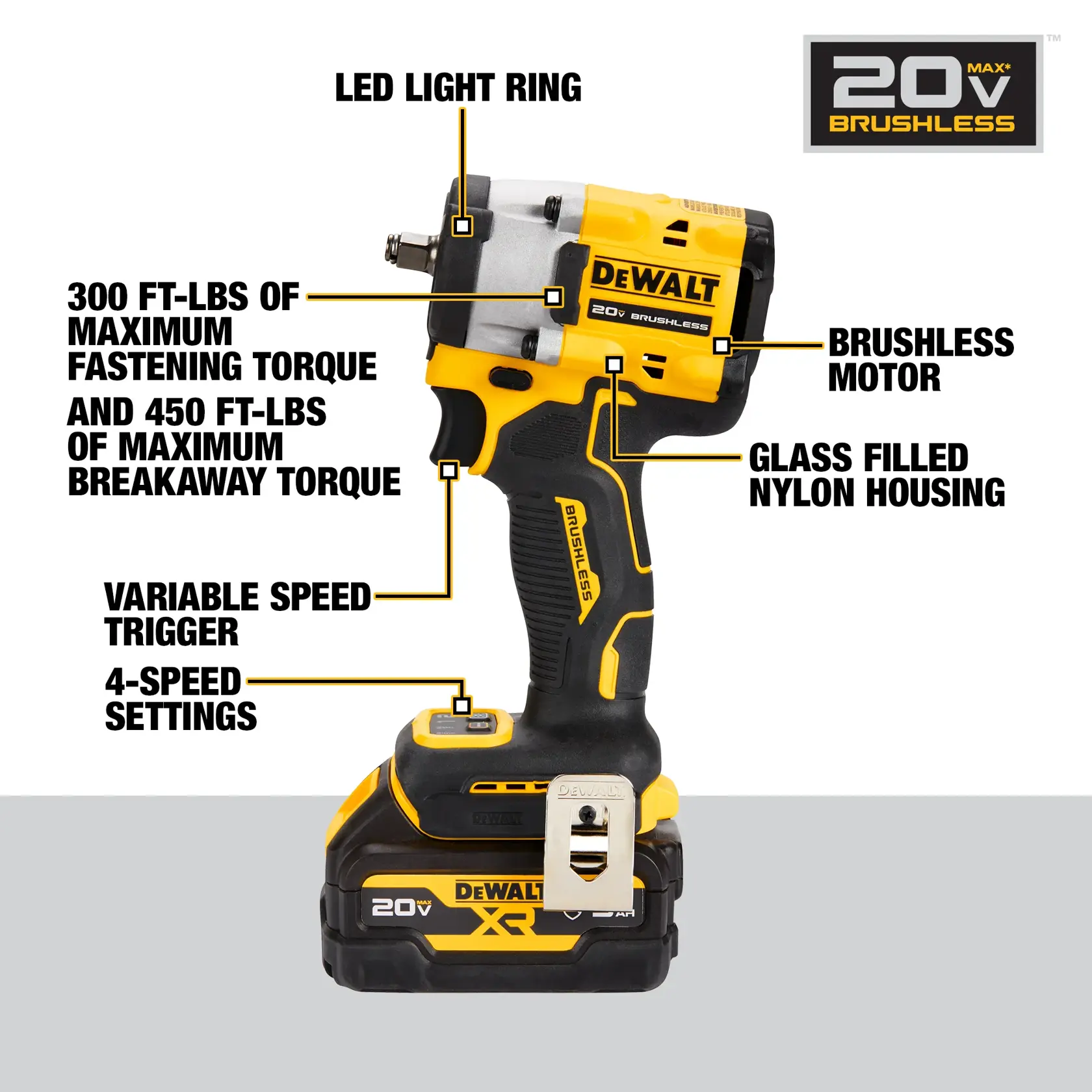 DEWALT 20V brushless impact wrench with LED, 4 speeds, variable trigger, durable housing, max torque up to 450 ft-lbs.