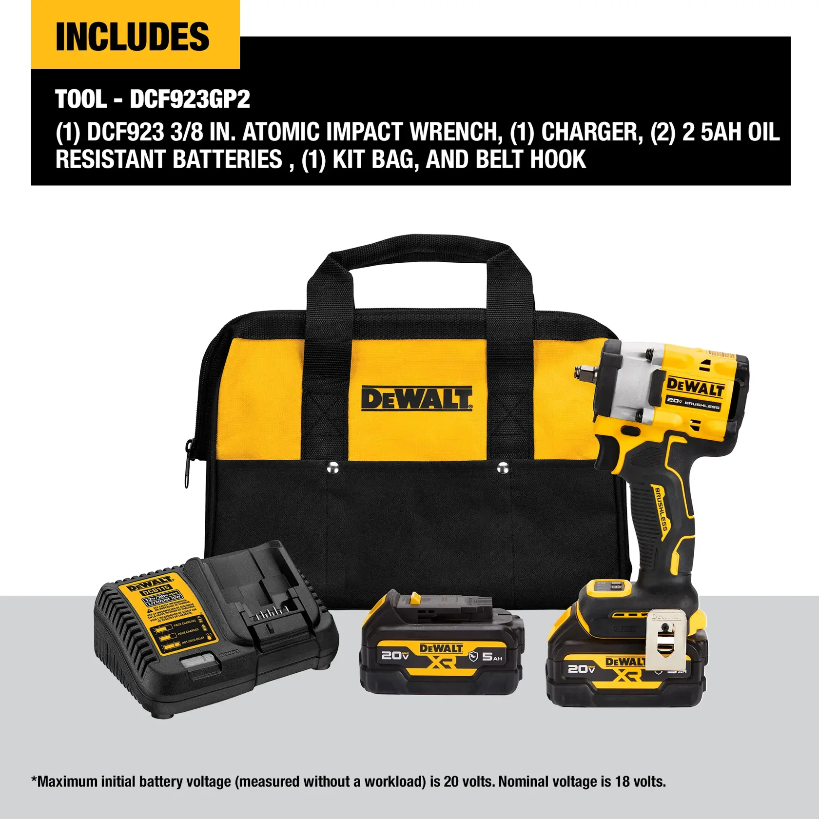 DEWALT impact wrench kit with bag, batteries, charger, and belt hook displayed.