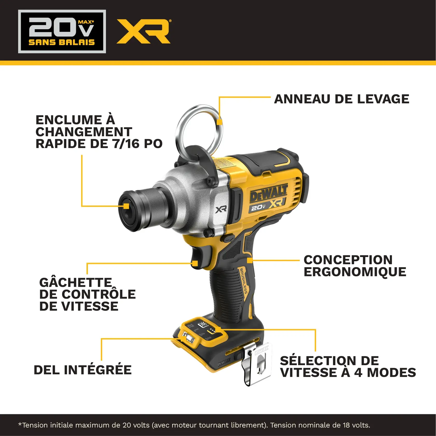 A DEWALT battery and charger are shown inside a large yellow circle with a diagonal line across them, indicating they are not included. Text below reads: 'Battery and charger sold separately.'