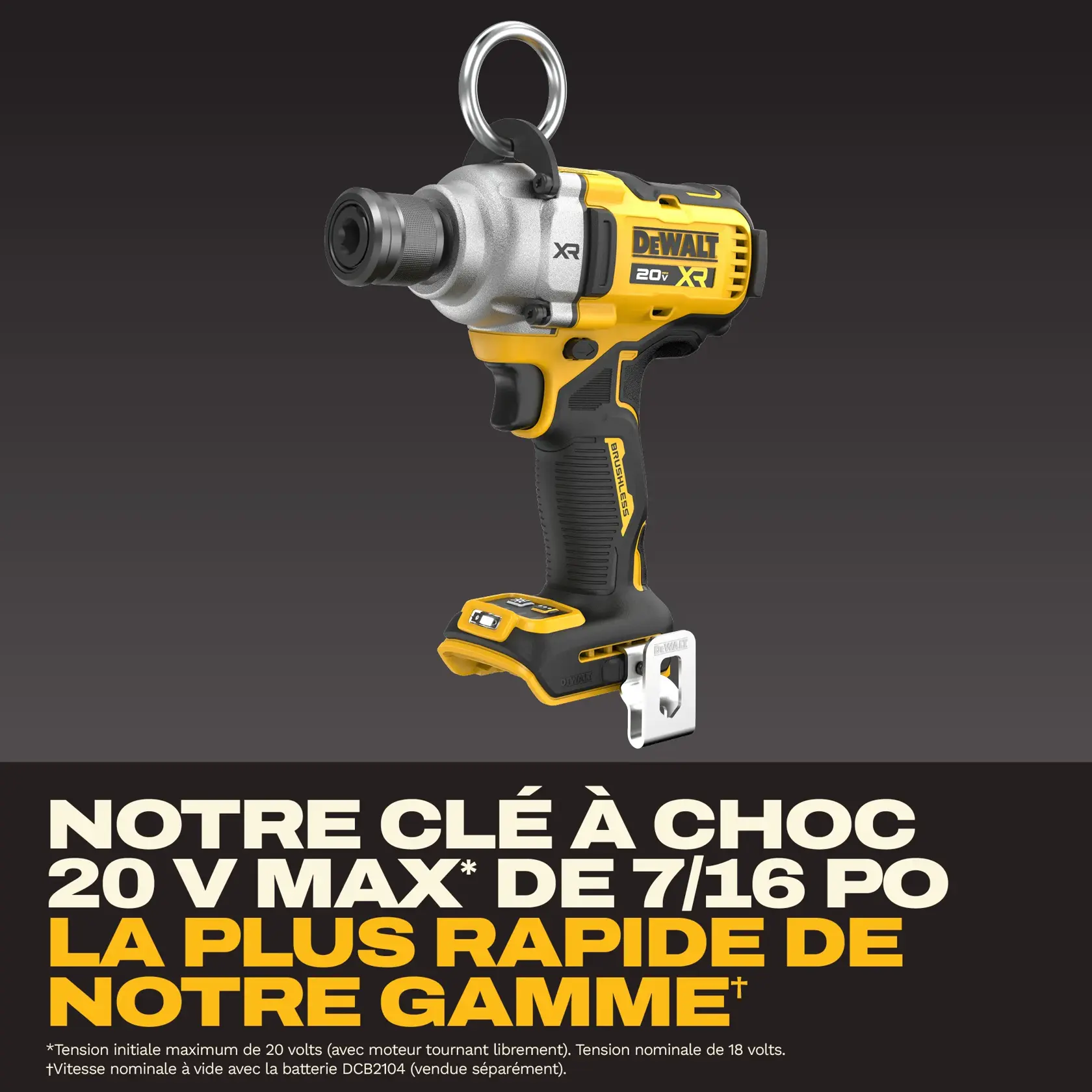 A DEWALT 20V XR brushless cordless impact driver, shown in yellow and black with a metal attachment hook and a ring on top, designed for professional use in construction and photography setups.