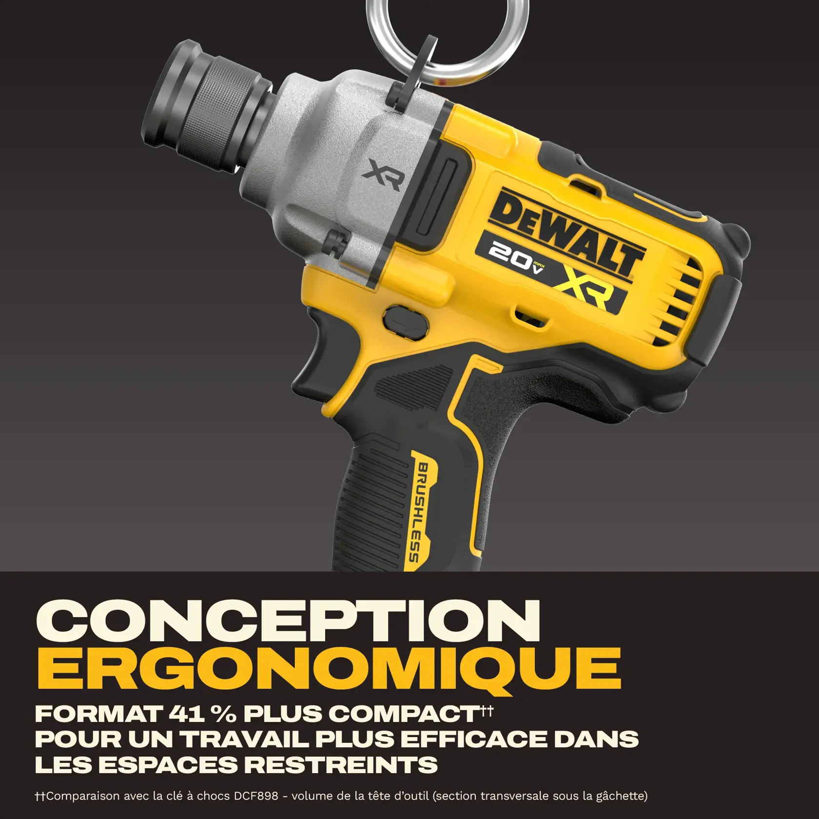 A DEWALT 20V XR cordless impact wrench with a ring attachment on the front, featuring a brushless motor and ergonomic handle, displayed against a white background.