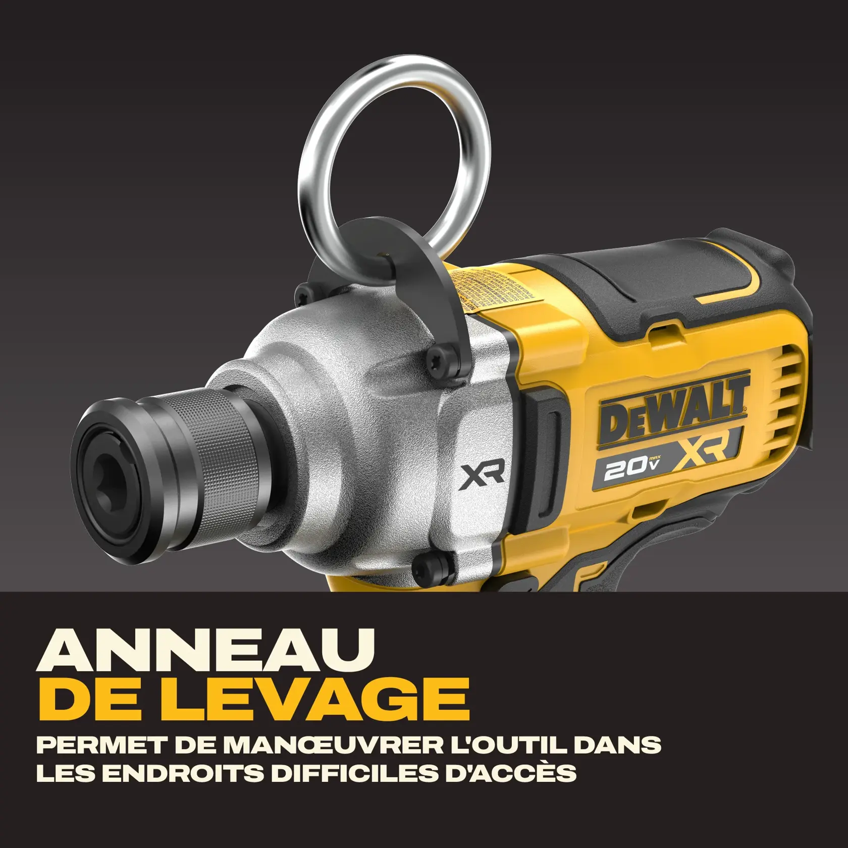 A DEWALT battery and charger are shown inside a large yellow circle with a diagonal line across them, indicating they are not included. Text below reads: 'Battery and charger sold separately.'