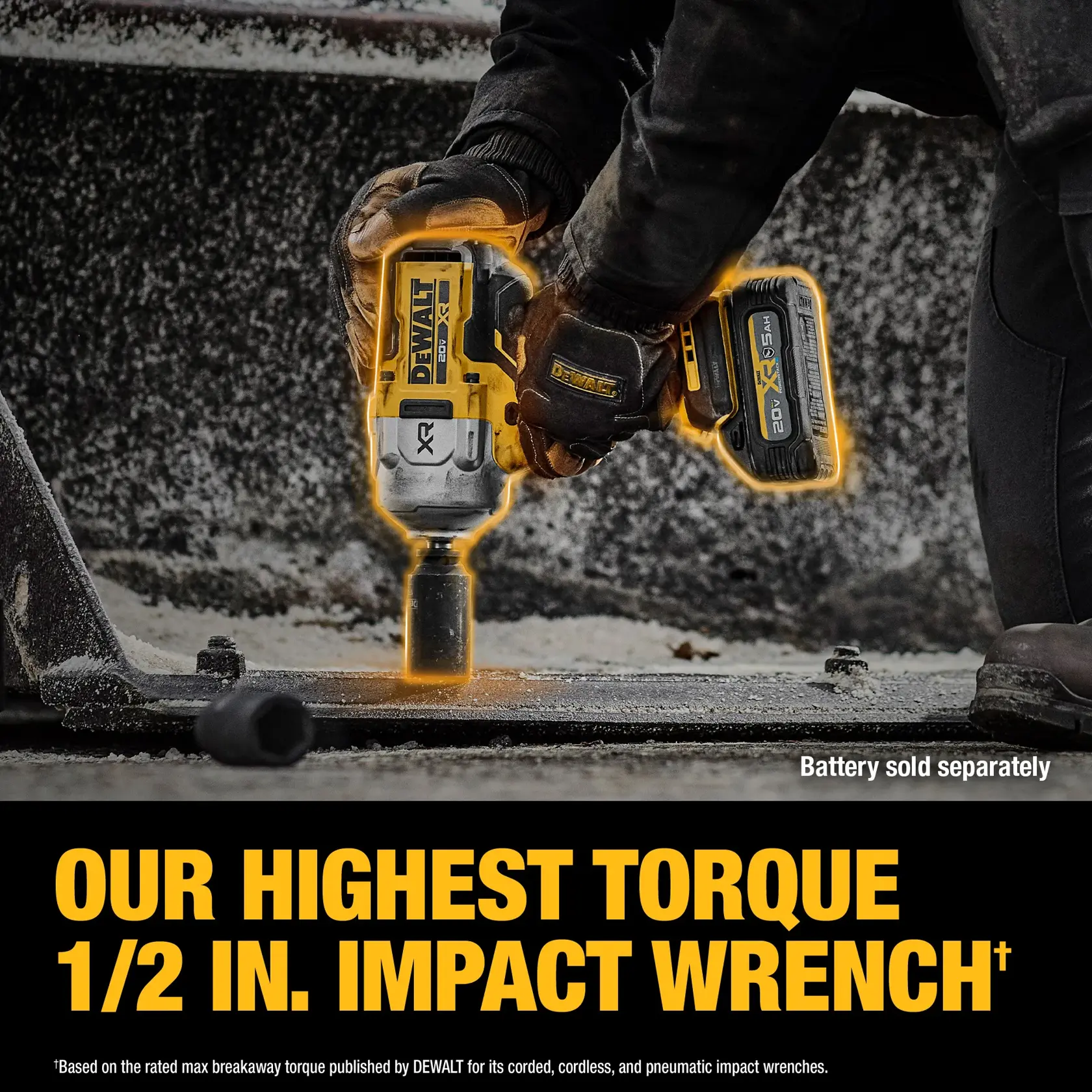 A person wearing gloves is using a DEWALT 1/2 inch cordless impact wrench on a metal surface. The tool is highlighted and the text below reads 'OUR HIGHEST TORQUE 1/2 IN. IMPACT WRENCH.' Battery is sold separately.