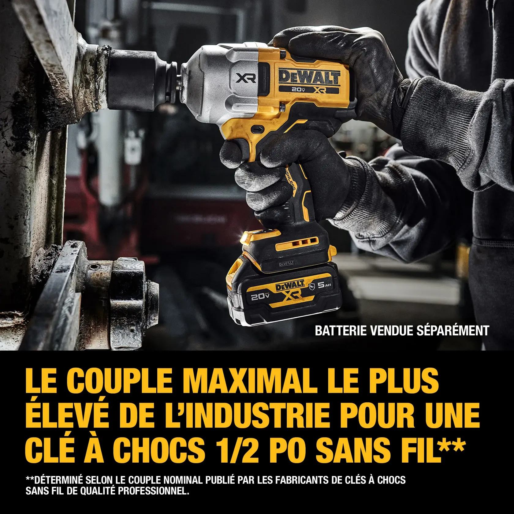 A person wearing gloves is using a DEWALT 1/2 inch cordless impact wrench on a metal surface. The tool is highlighted and the text below reads 'OUR HIGHEST TORQUE 1/2 IN. IMPACT WRENCH.' Battery is sold separately.