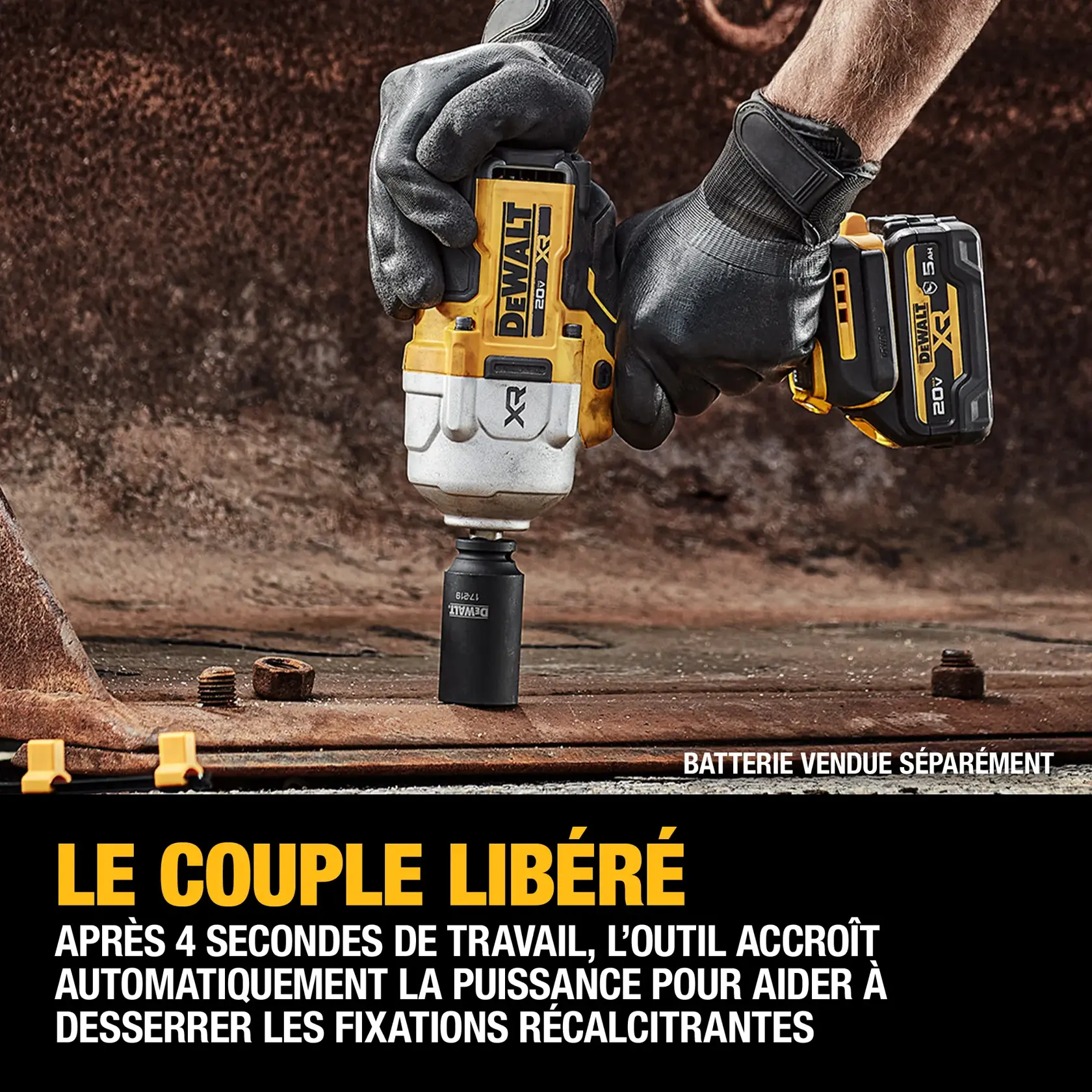 Graphic showing a black hexagonal nut with two curved arrows indicating rotation on a yellow background. Below, bold text reads '1,320 FT-LBS. MAX FASTENING TORQUE'. Smaller text notes: '*Based on using DCBP520 (sold separately)'.