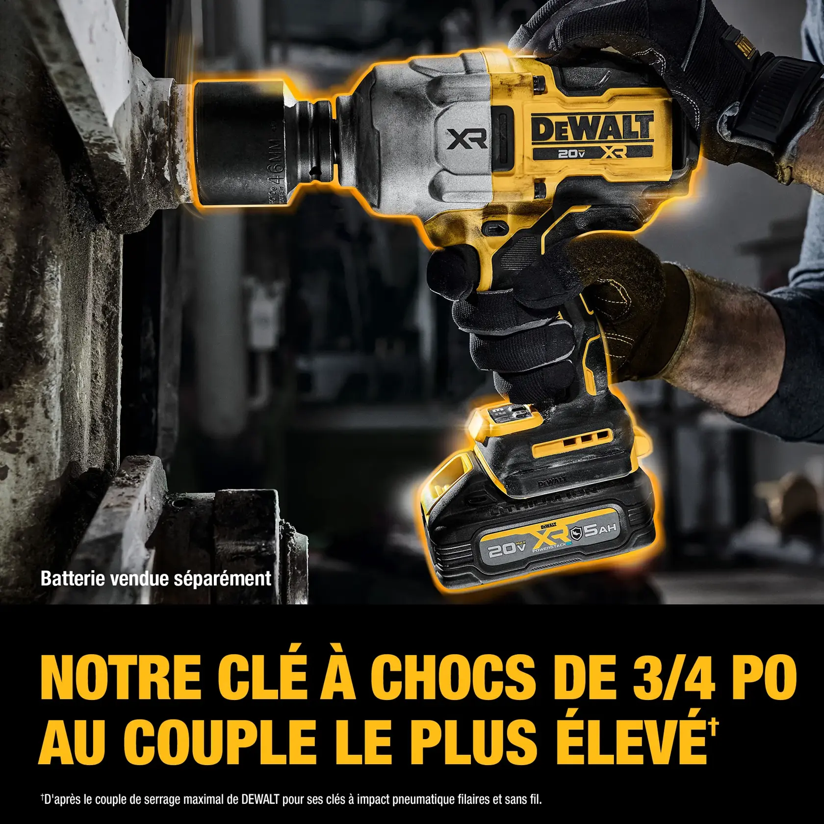 A person wearing gloves uses a DEWALT 20V XR cordless 3/4 inch impact wrench to tighten or loosen a large bolt on industrial equipment. The tool is shown in a close-up with the battery attached. Text on the image highlights its highest torque and notes that the battery is sold separately.