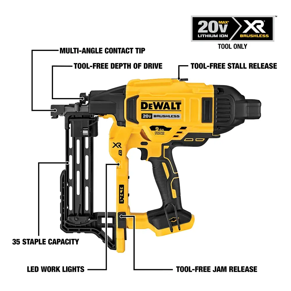 DEWALT DCFS950B 20V XR cordless staple gun with brushless motor, shown in yellow and black. Features labeled include multi-angle contact tip, tool-free depth of drive, tool-free stall release, tool-free jam release, 35 staple capacity, and LED work lights.