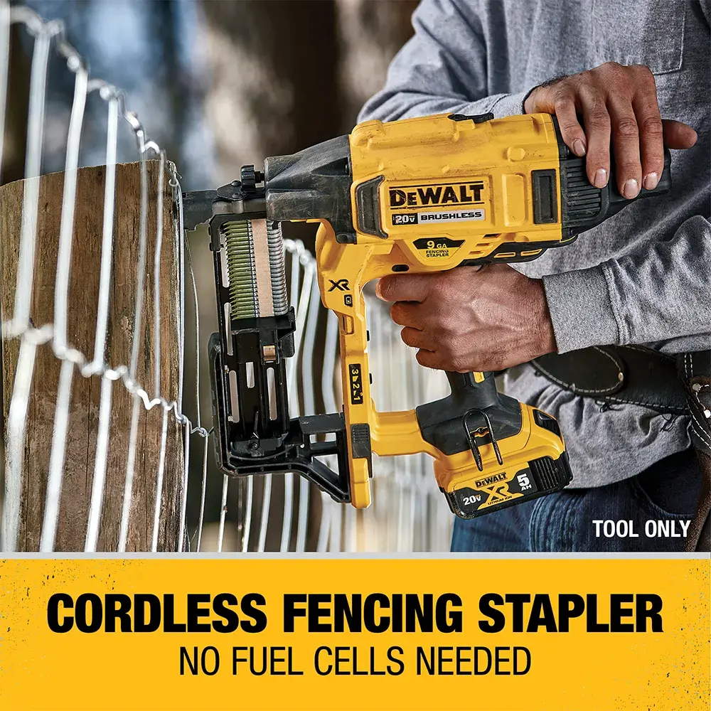 A person uses a DEWALT cordless fencing stapler to secure wire fencing onto wooden posts. The stapler is yellow and black, and the image text highlights that no fuel cells are needed. The tool is shown in action outdoors.