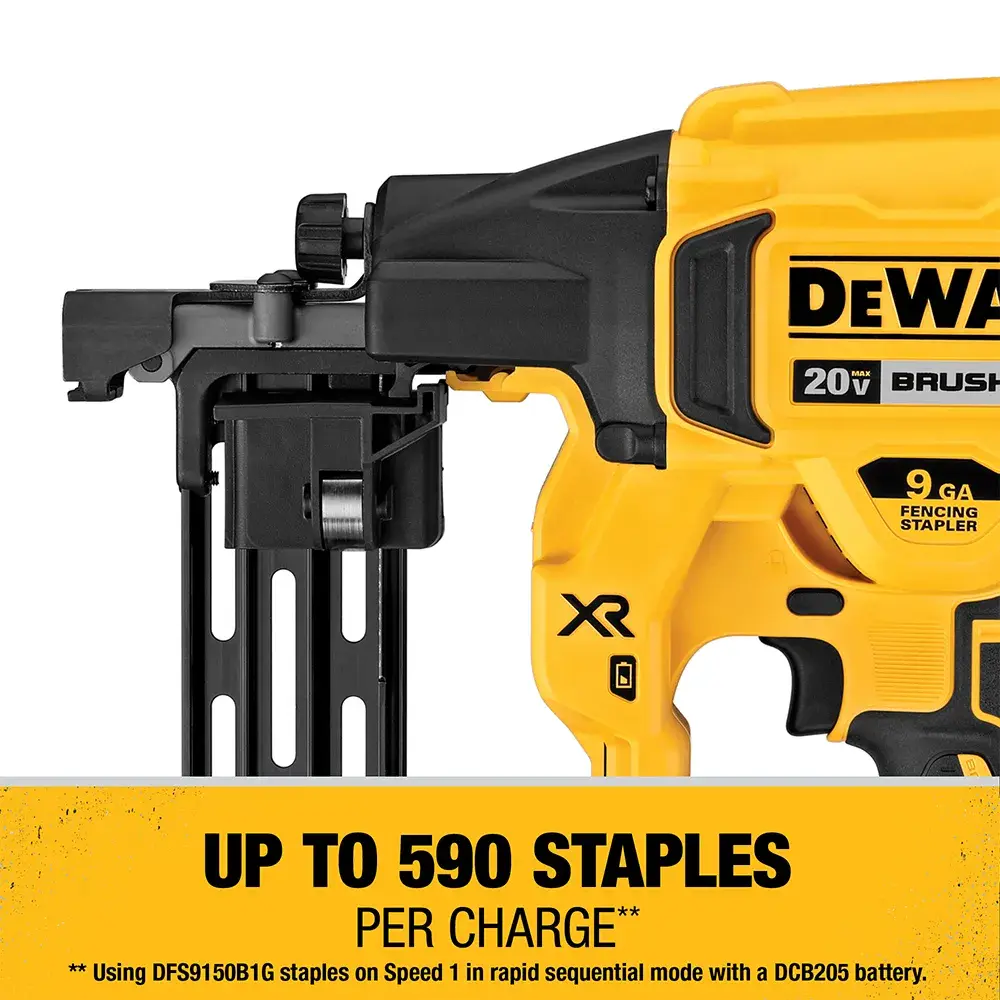 Close-up of a DEWALT 20V cordless fencing stapler with yellow and black design. Text on image reads, 'Up to 590 staples per charge.'