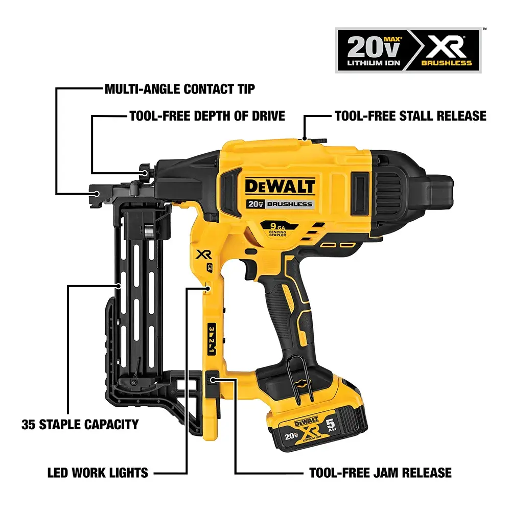 A DEWALT 20V XR brushless cordless stapler, model DCFS950P2, featuring highlighted labels for multi-angle contact tip, tool-free depth of drive, tool-free stall release, 35 staple capacity, LED work lights, and tool-free jam release.