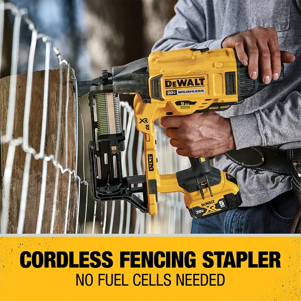 A person using a yellow DEWALT cordless fencing stapler to attach wire fencing to wooden posts. The bottom caption reads: 'Cordless Fencing Stapler - No Fuel Cells Needed.'
