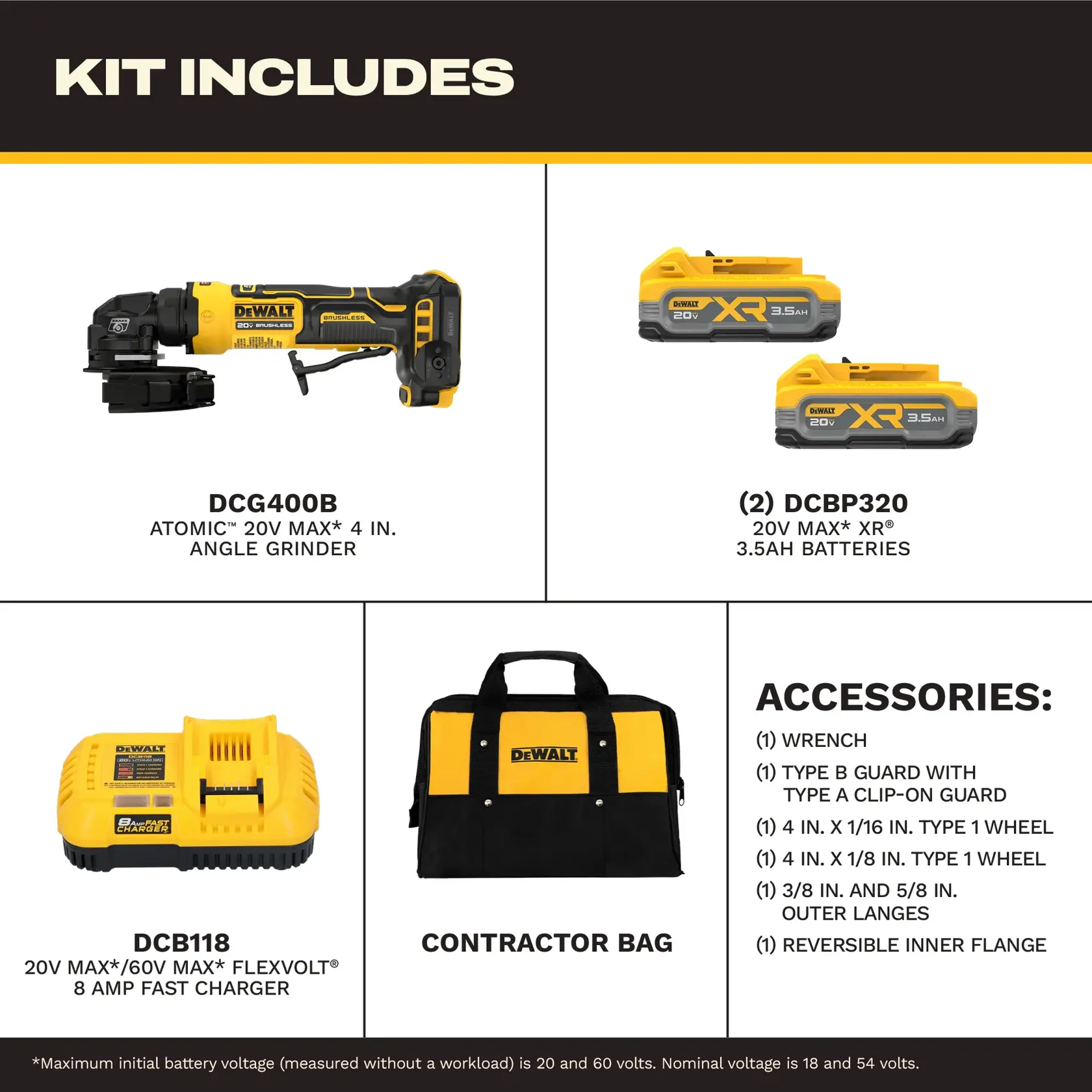Image showing contents of a DEWALT kit, which includes: a DCG400B Atomic 20V Max 4-inch angle grinder, two DCBP320 20V Max XR 3.5Ah batteries, a DCB118 20V Max/60V Max FlexVolt 8 amp fast charger, a black and yellow DEWALT contractor bag, and listed accessories: wrench, Type B guard with Type A clip-on guard, 4-inch x 1/16-inch Type 1 wheel, 4-inch x 1/8-inch Type 1 wheel, 3/8-inch and 5/8-inch outer flanges, and reversible inner flange.