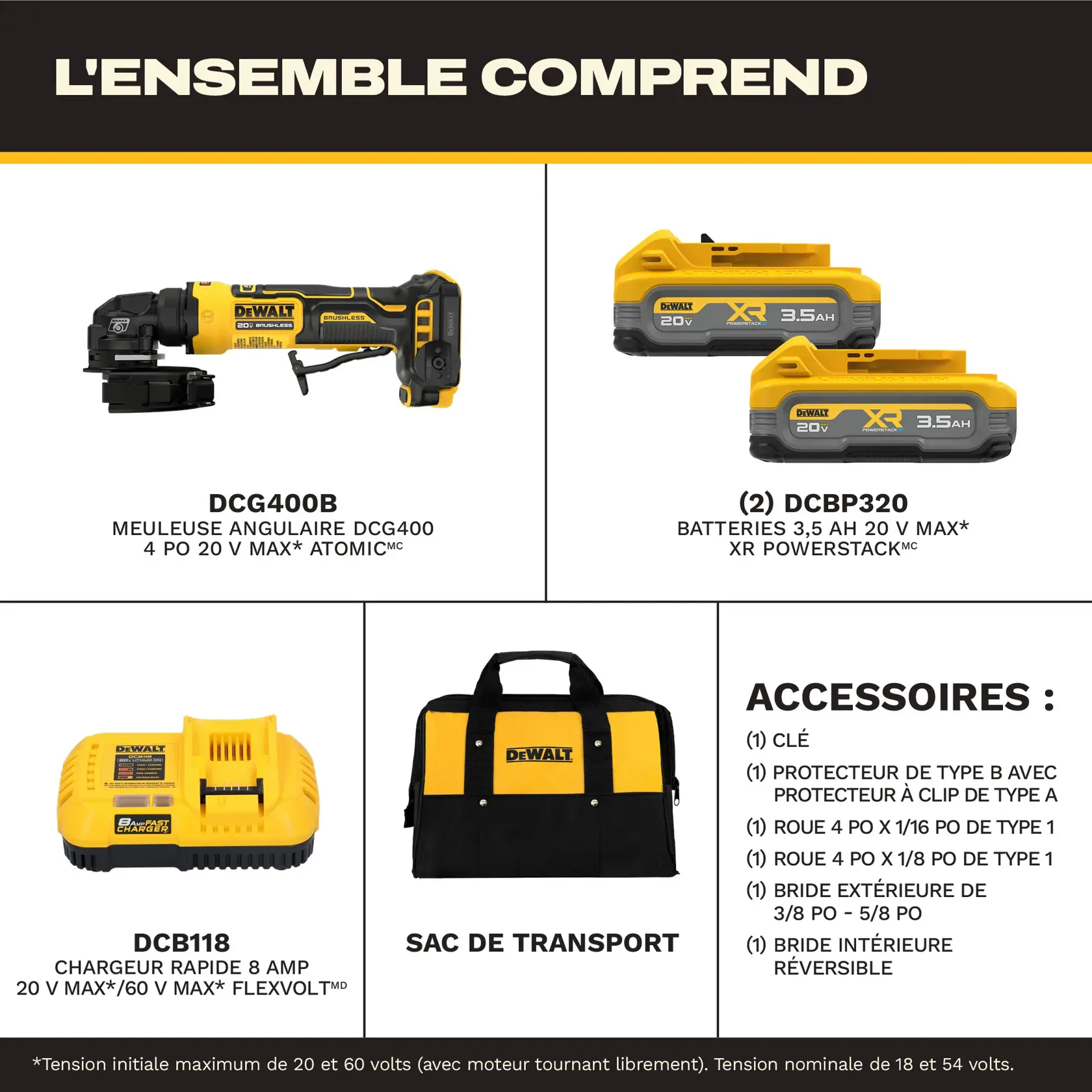 Image showing contents of a DEWALT kit, which includes: a DCG400B Atomic 20V Max 4-inch angle grinder, two DCBP320 20V Max XR 3.5Ah batteries, a DCB118 20V Max/60V Max FlexVolt 8 amp fast charger, a black and yellow DEWALT contractor bag, and listed accessories: wrench, Type B guard with Type A clip-on guard, 4-inch x 1/16-inch Type 1 wheel, 4-inch x 1/8-inch Type 1 wheel, 3/8-inch and 5/8-inch outer flanges, and reversible inner flange.