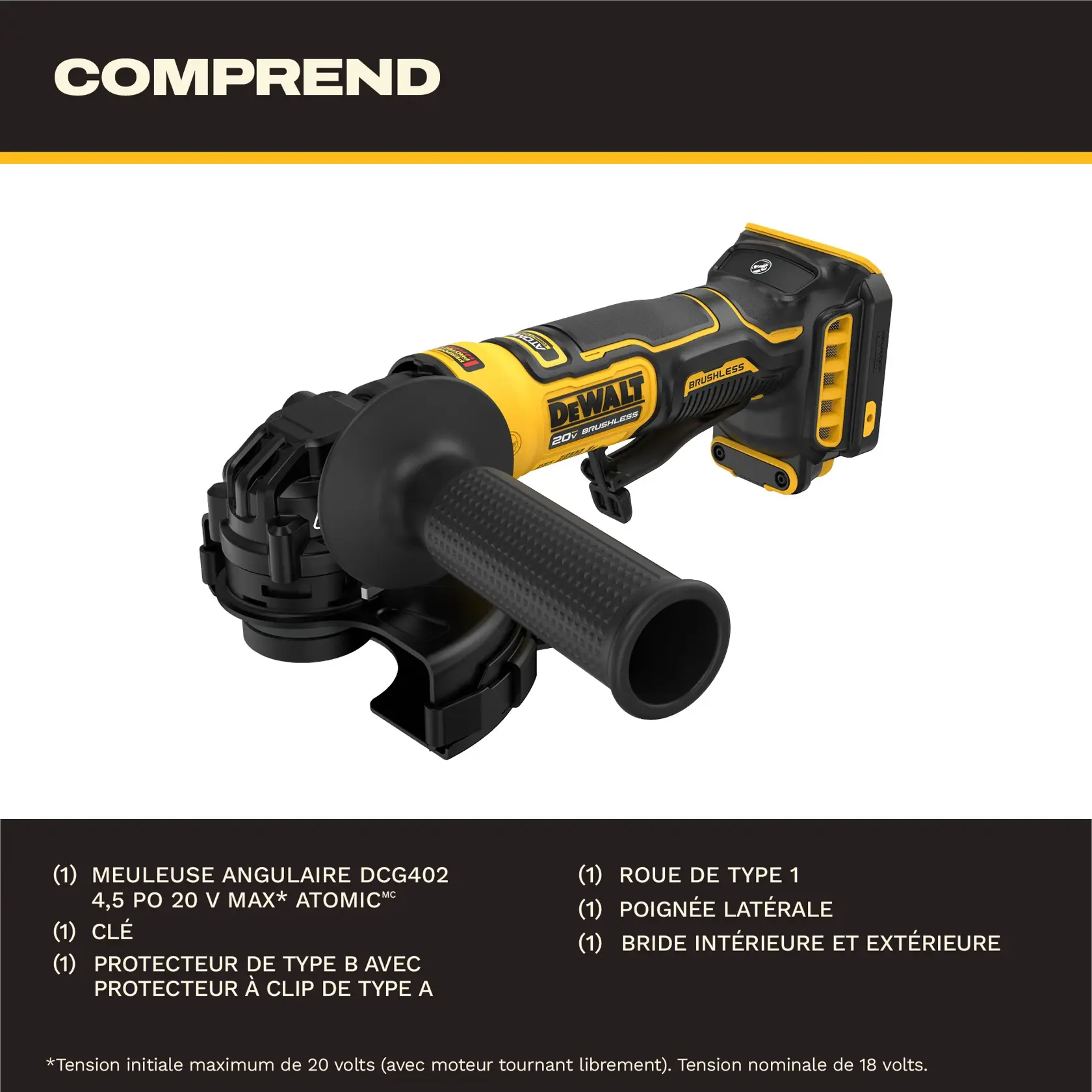 Image of a DEWALT DCG402 Atomic 20V Max brushless angle grinder, showing the included components: angle grinder, wrench, type B guard with type A clip-on guard, type 1 cutting wheel, side handle, and inner and outer flange. The product is displayed against a white and black background with a description of included parts.
