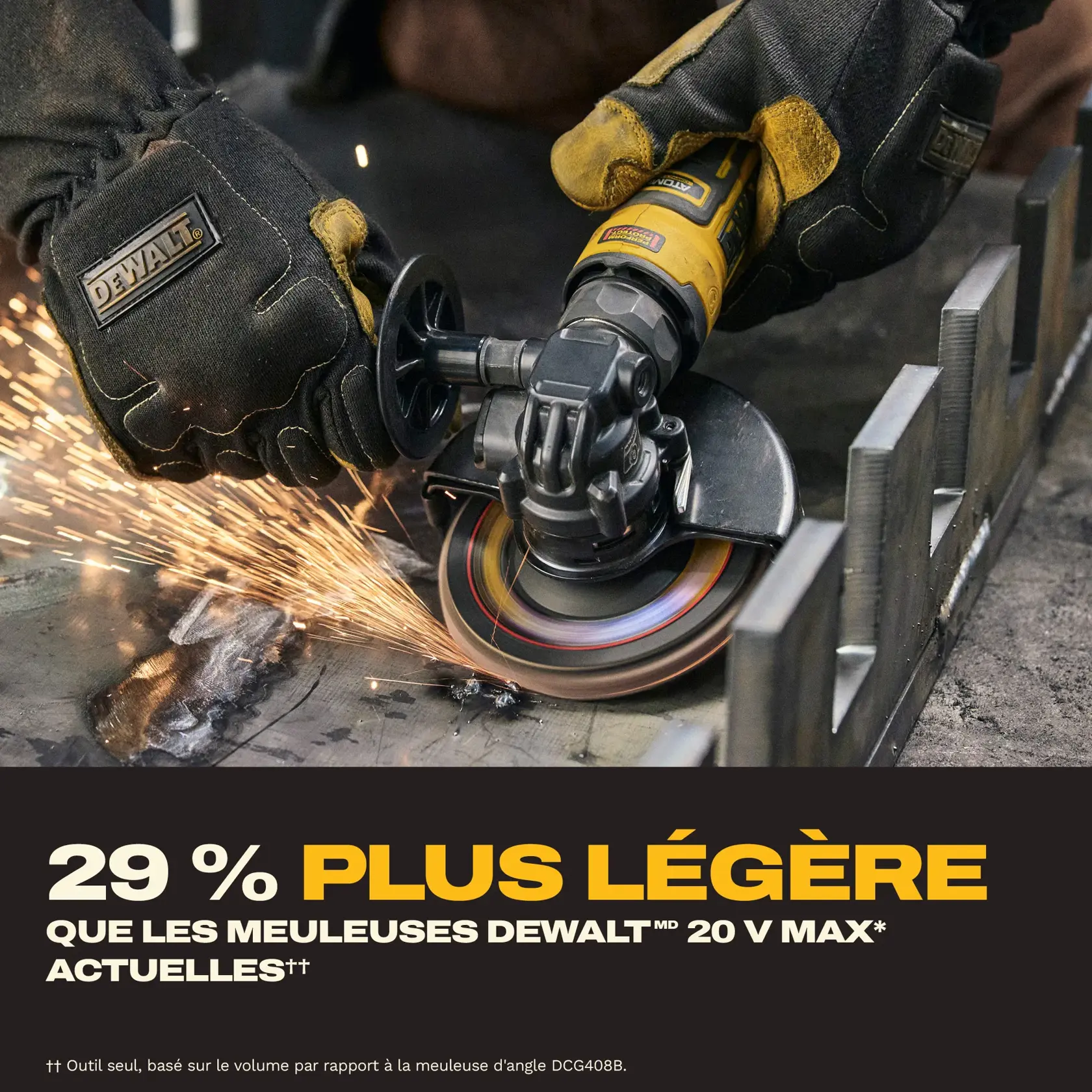 Close-up of gloved hands using a DEWALT 20V MAX angle grinder to cut metal, with sparks flying. Text overlay highlights that the tool is 29% smaller compared to current DEWALT 20V MAX grinders.