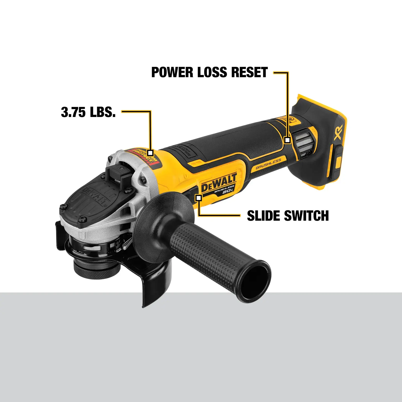 A yellow and black DEWALT cordless angle grinder is shown. The image highlights three features: '3.75 lbs.' weight near the motor housing, 'Power Loss Reset' near the battery area, and 'Slide Switch' near the handle.