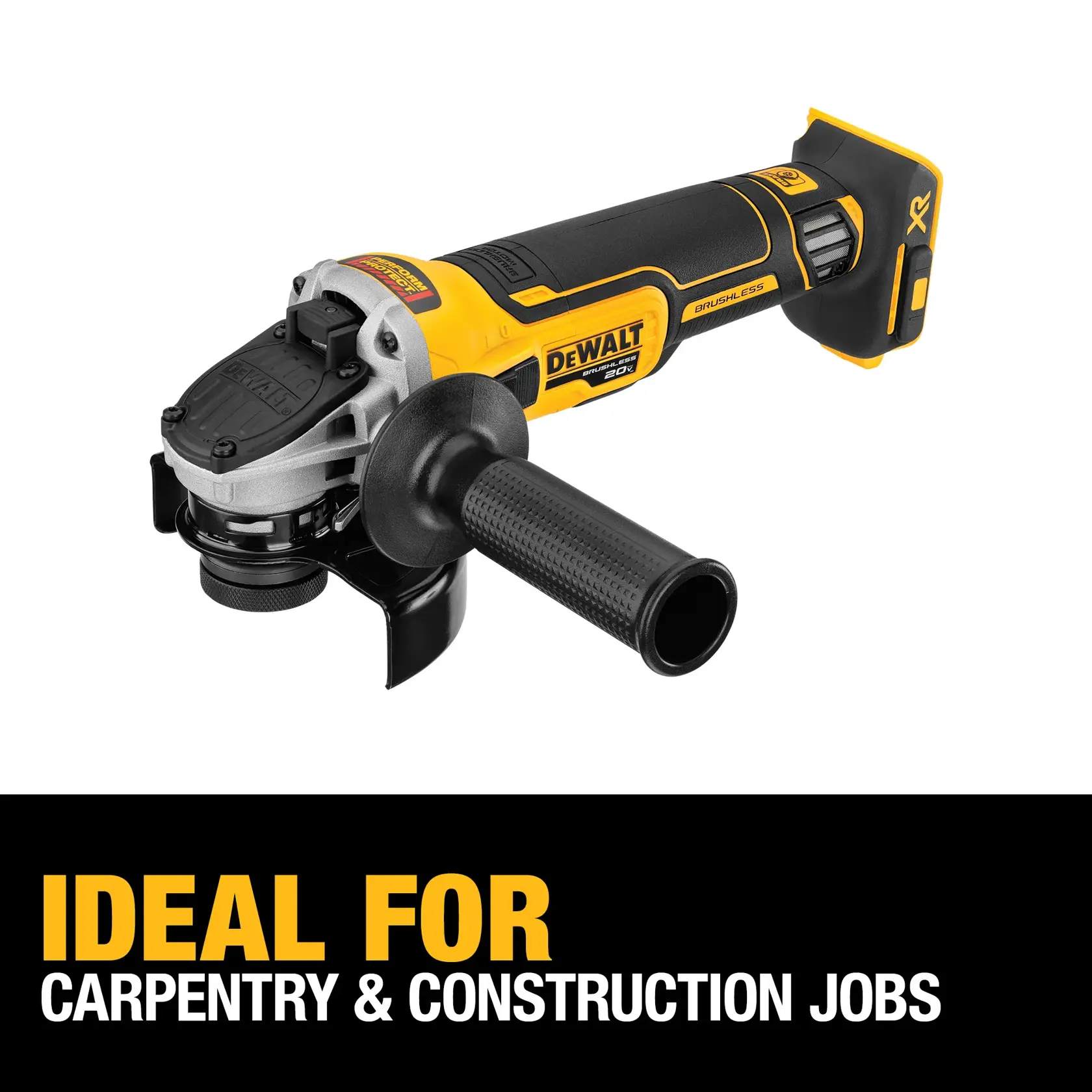 A DEWALT 20V cordless angle grinder with a side handle, shown on a white background. Text below the tool reads: 'Ideal for carpentry & construction jobs.'