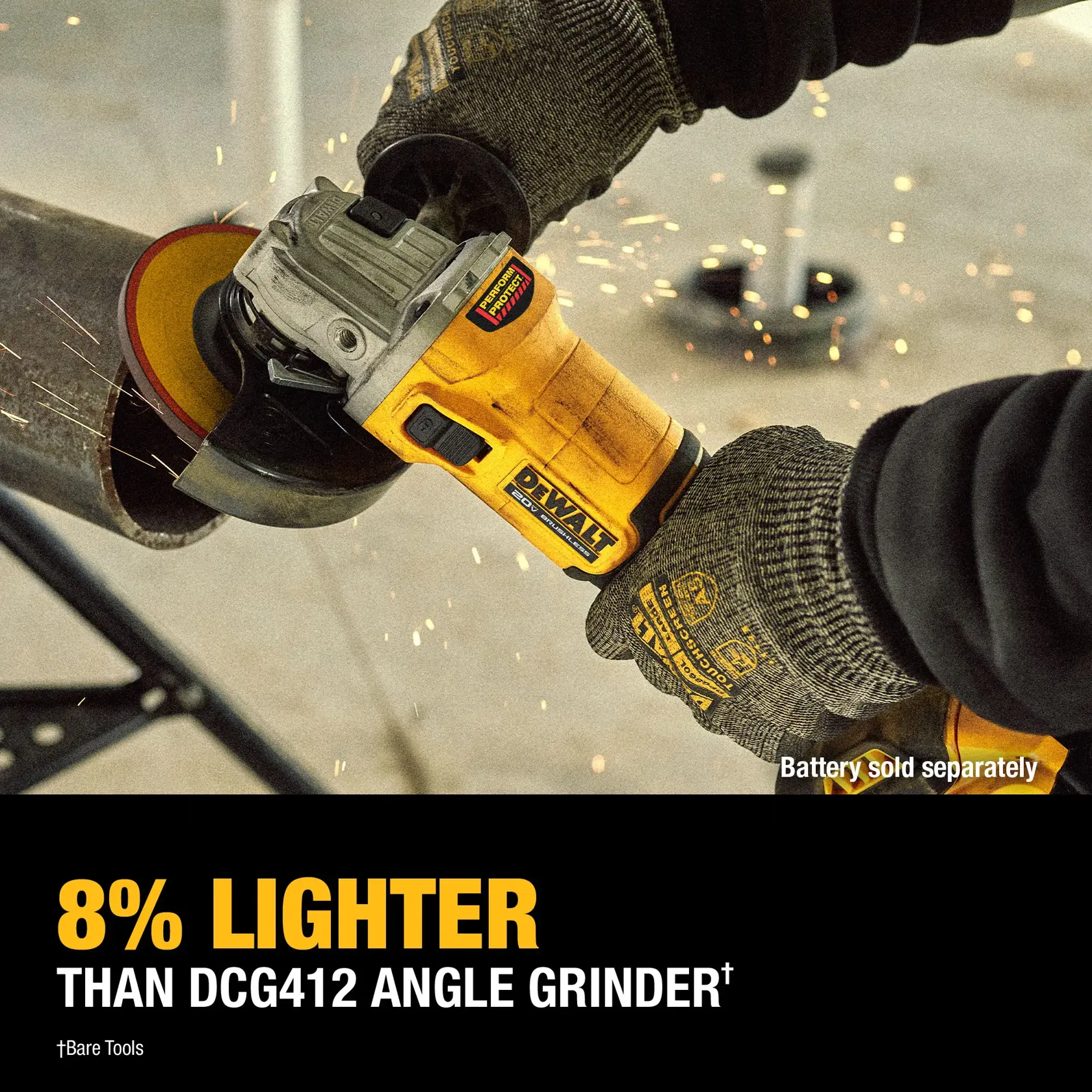 A close-up of a person using a DEWALT cordless angle grinder to cut a metal pipe, with sparks flying. The product is labeled as 8% lighter than the DCG412 angle grinder. Battery is sold separately.