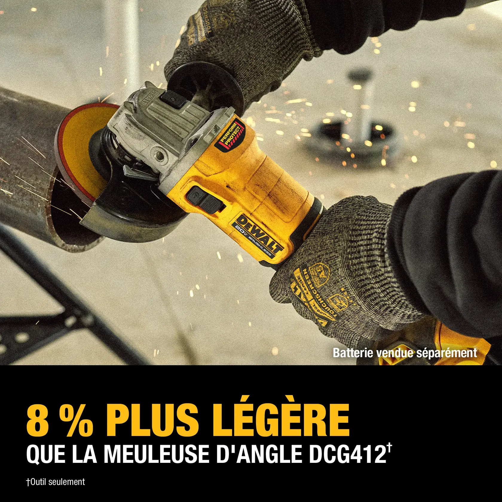 A close-up of a person using a DEWALT cordless angle grinder to cut a metal pipe, with sparks flying. The product is labeled as 8% lighter than the DCG412 angle grinder. Battery is sold separately.